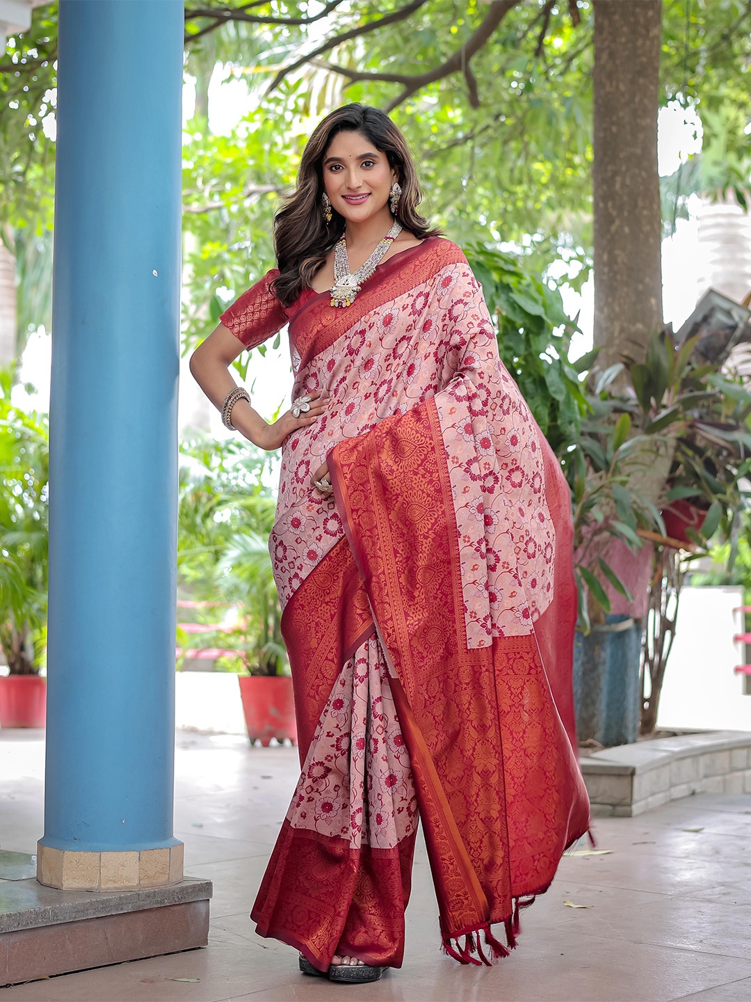 

KIMISHA Woven Design Zari Silk Blend Kanjeevaram Saree, Rust