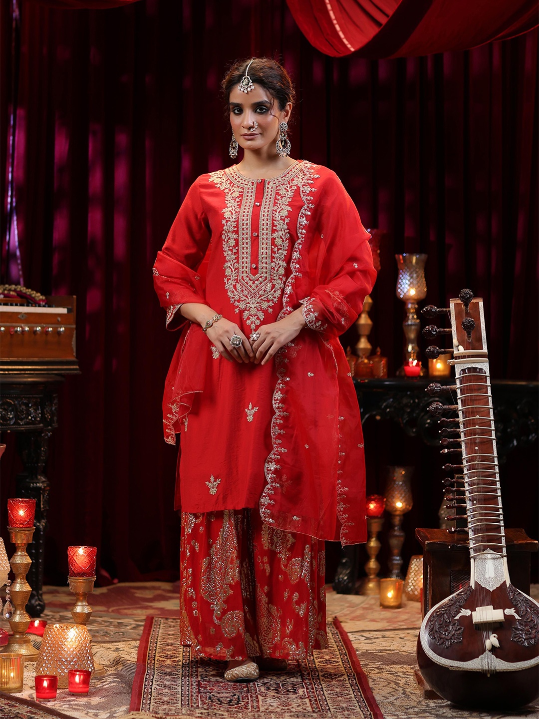 

SCAKHI Ethnic Motifs Embroidered Sequinned Chanderi Silk Kurta with Sharara & Dupatta, Red