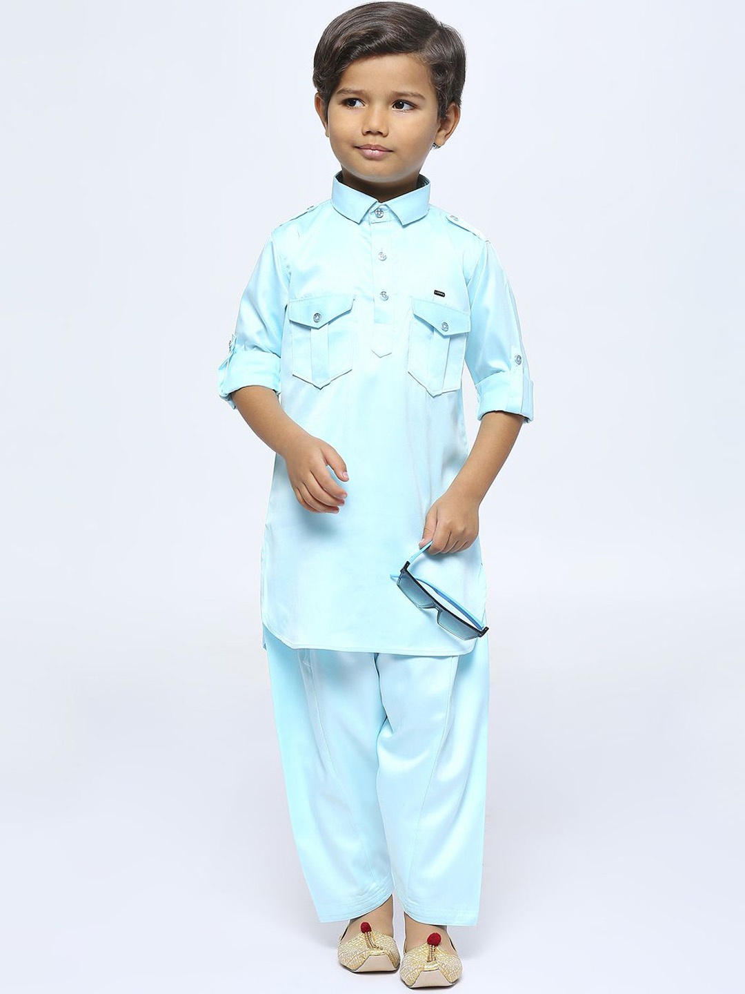 

YK Boys Shirt Collar Roll-Up Sleeves Satin Pathani Kurta with Salwar, Blue