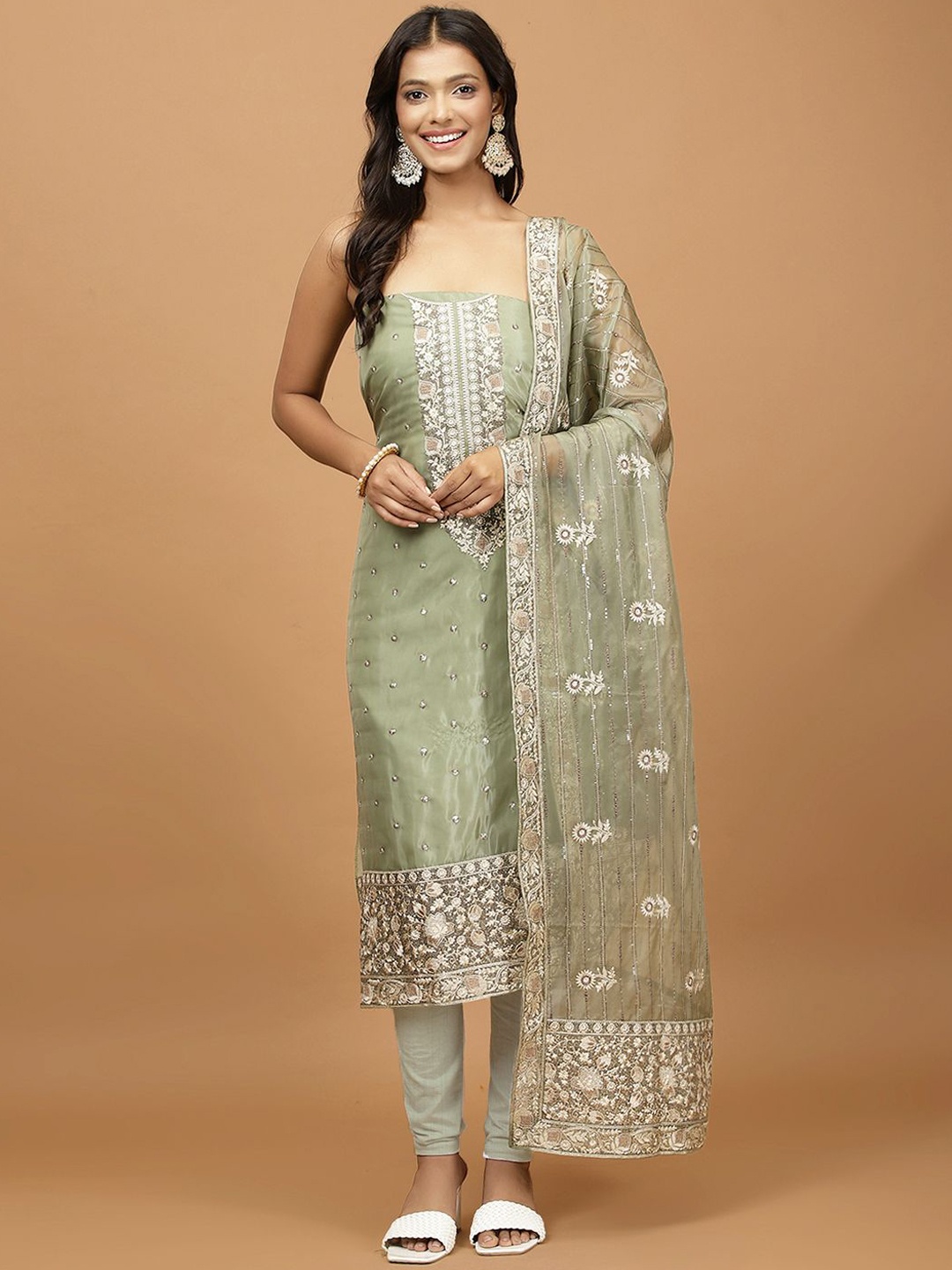 

Meena Bazaar Floral Embroidered Sequinned Organza Unstitched Dress Material, Green