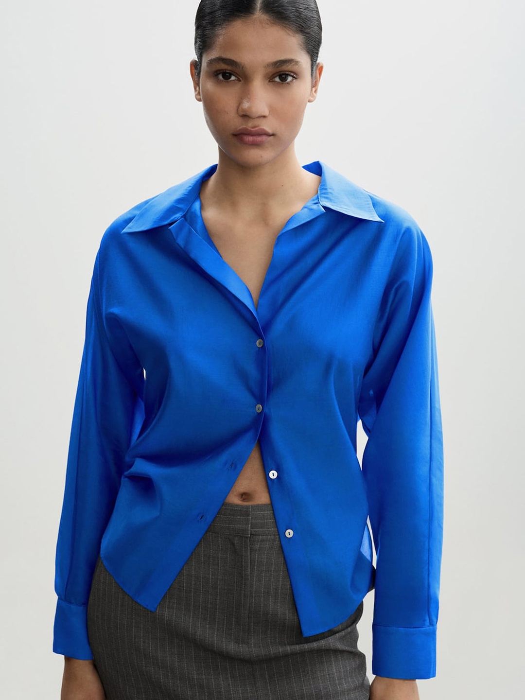 

MANGO Satin-Finish Shirt, Blue