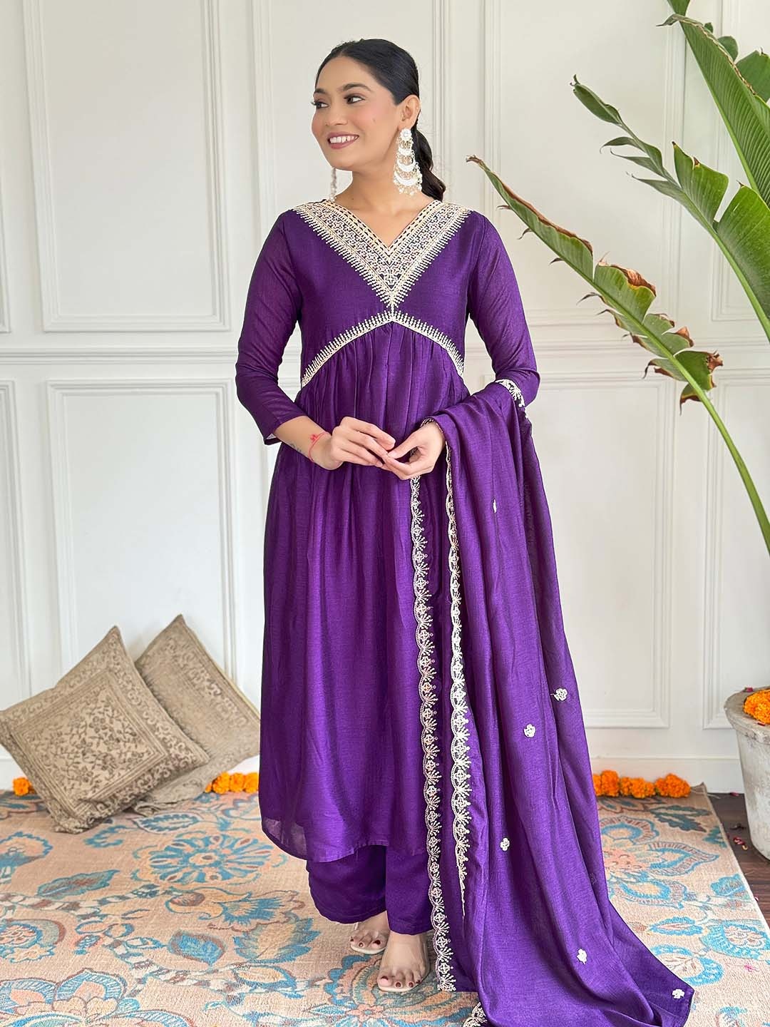 

S.K.C Ethnic Motifs Yoke Design Sequinned A-Line Kura Wwith Trouser & Dupatta, Violet