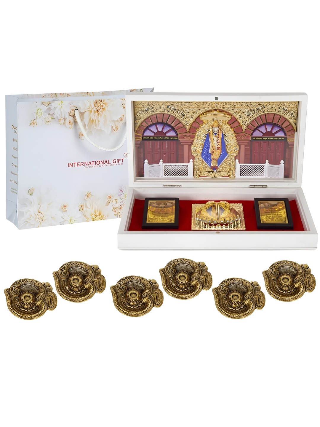 

INTERNATIONAL GIFT Gold-Toned Sai Baba Charan Paduka Box with 6 Om Diya