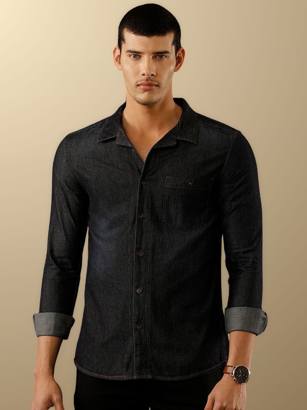 

TEMPLE OF DENIM Men India Slim Cuban Collar Solid Denim Casual Shirt, Black