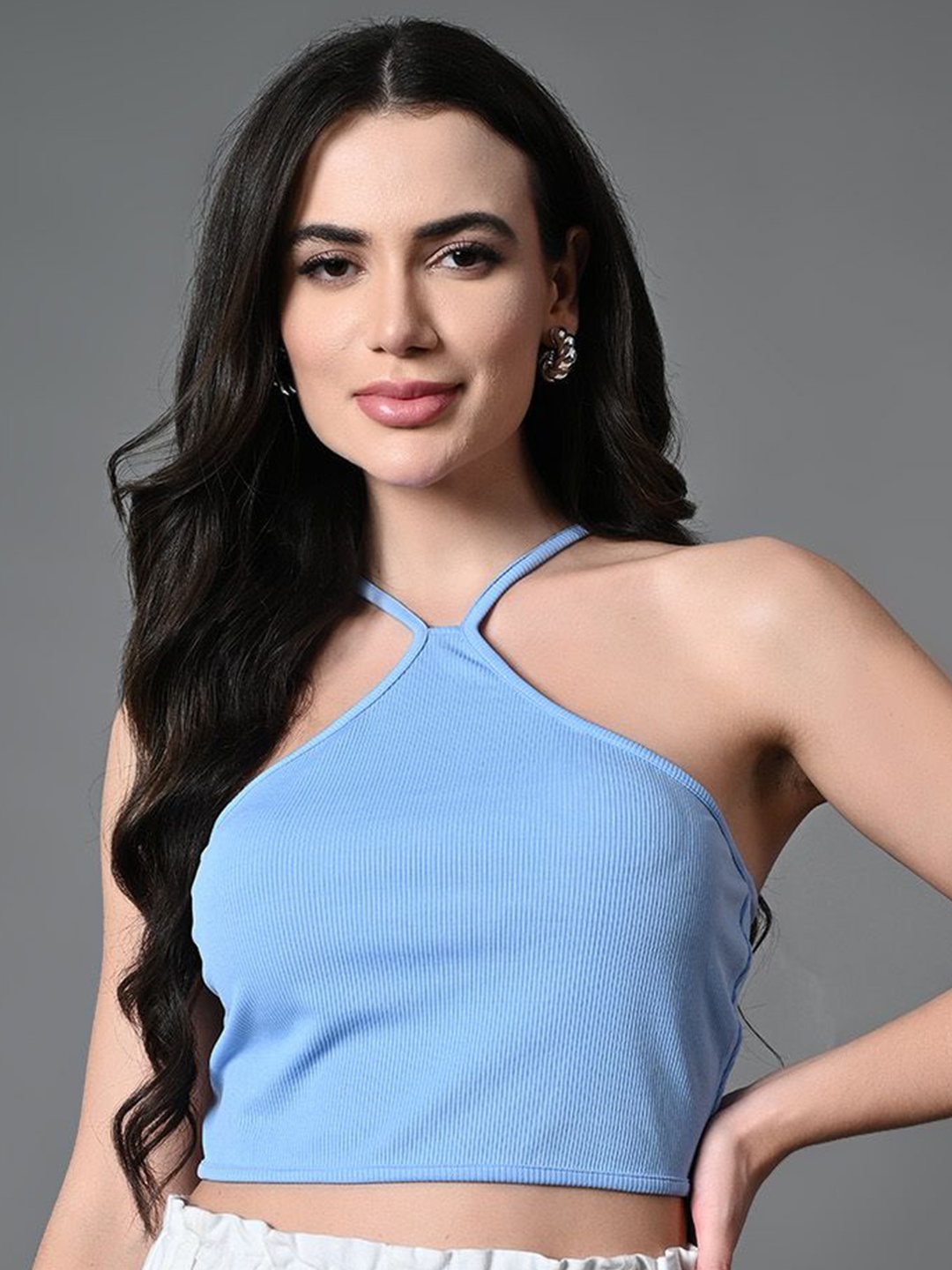

The Roadster Lifestyle Co Ribbed Halter Neck Sleeveless Top, Blue