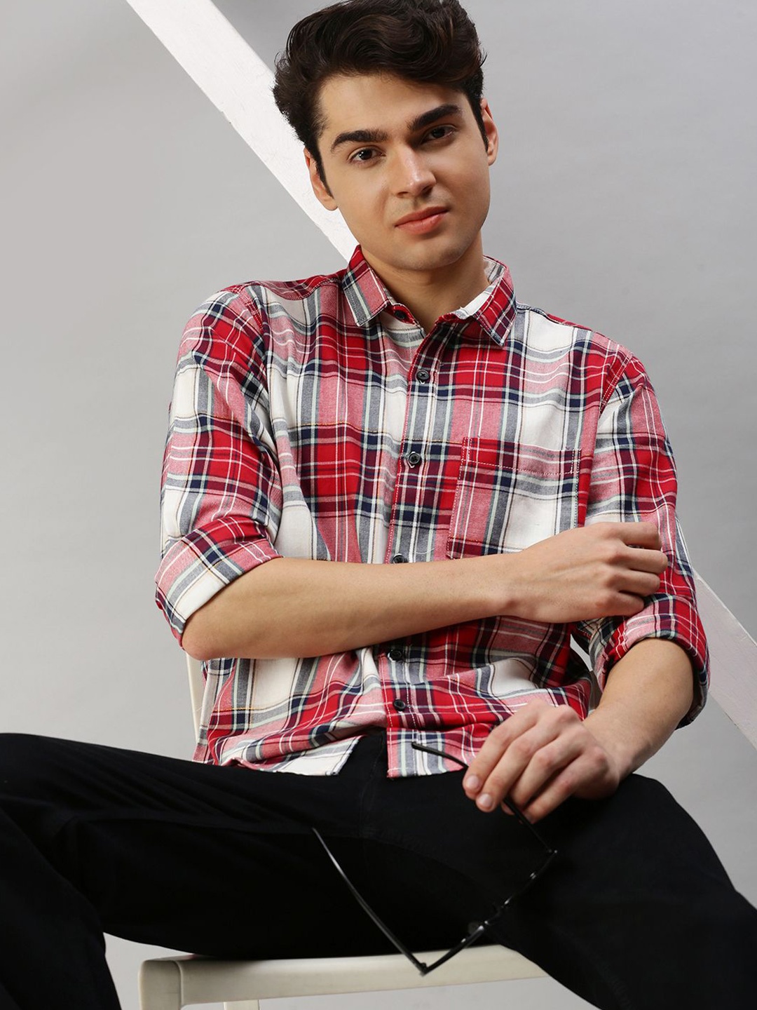 

Cross Court Men Tartan Checks Opaque Checked Casual Shirt, Red