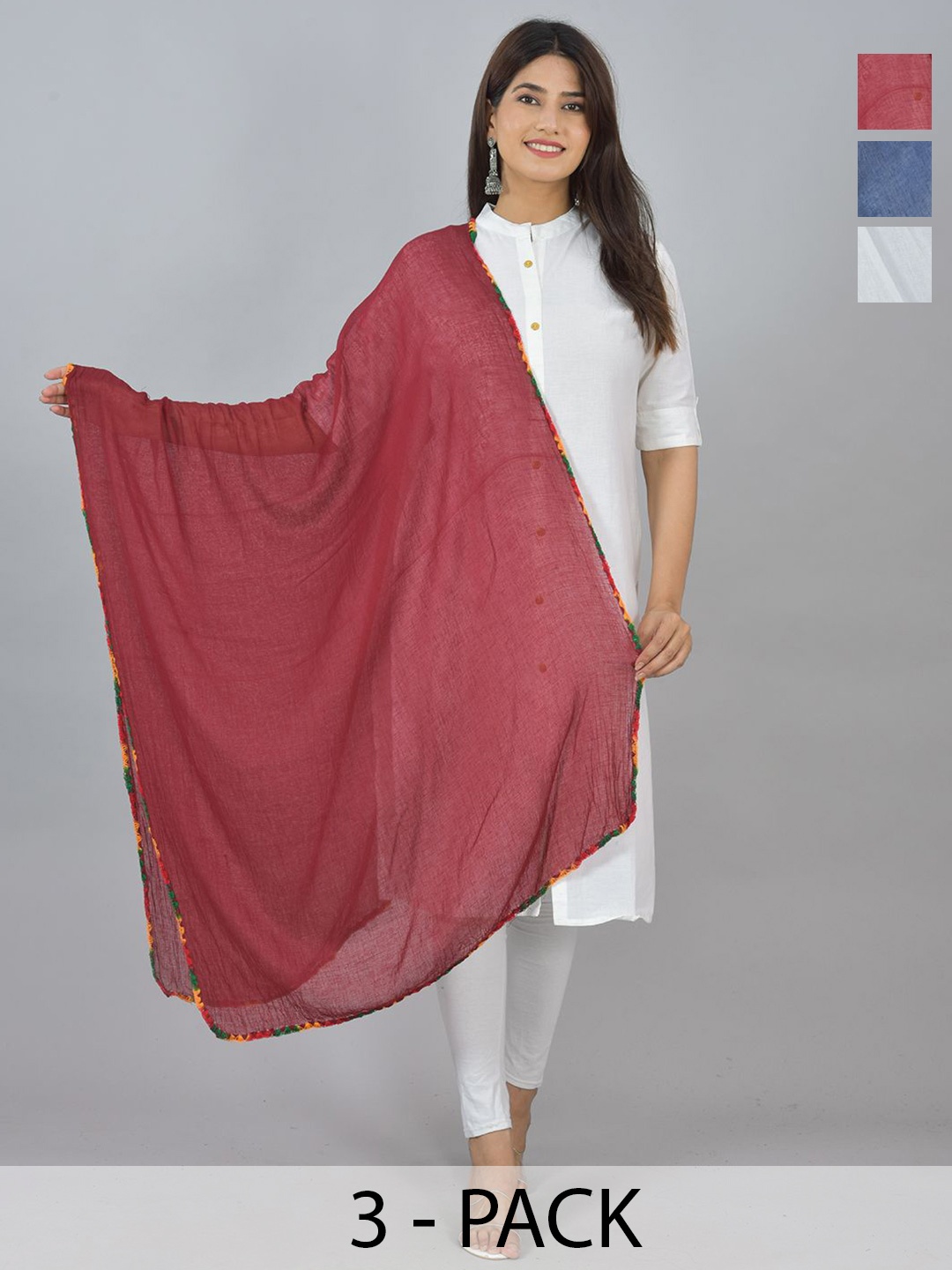 

LA FEMINAE Pack of 3 Pure Cotton Dupattas, Maroon