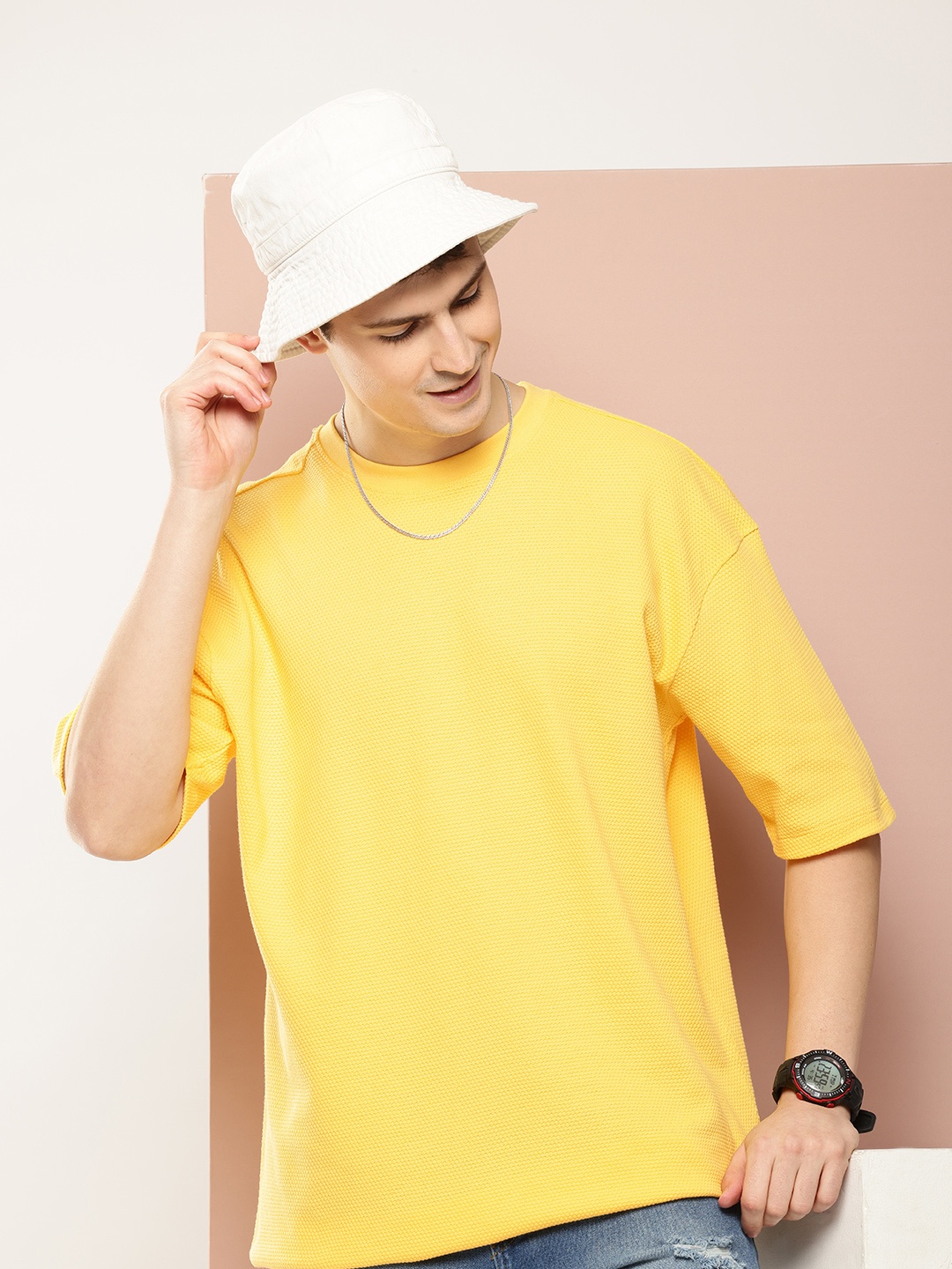 

Harvard Pure Cotton Self Design Drop-Shoulder Sleeves Casual T-shirt, Yellow