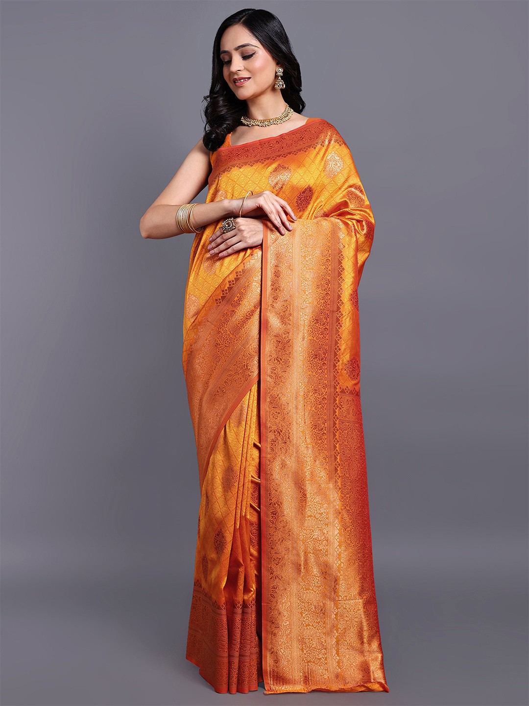

SWAMI STUDIO Floral Zari Pure Cotton Kanjeevaram Saree, Orange