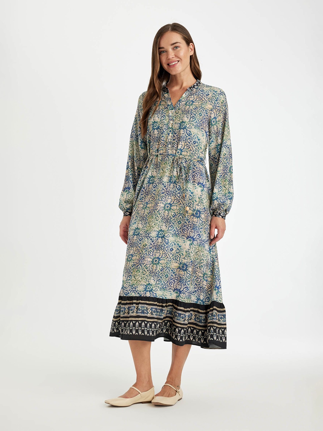 

DeFacto Ethnic Motifs Print A-Line Midi Dress, Na