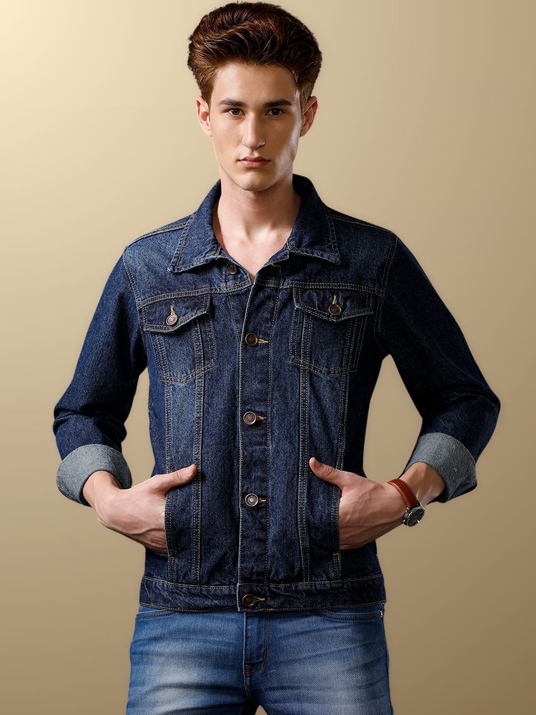 

TEMPLE OF DENIM Men Outdoor Denim Jacket with Embroidered, Blue