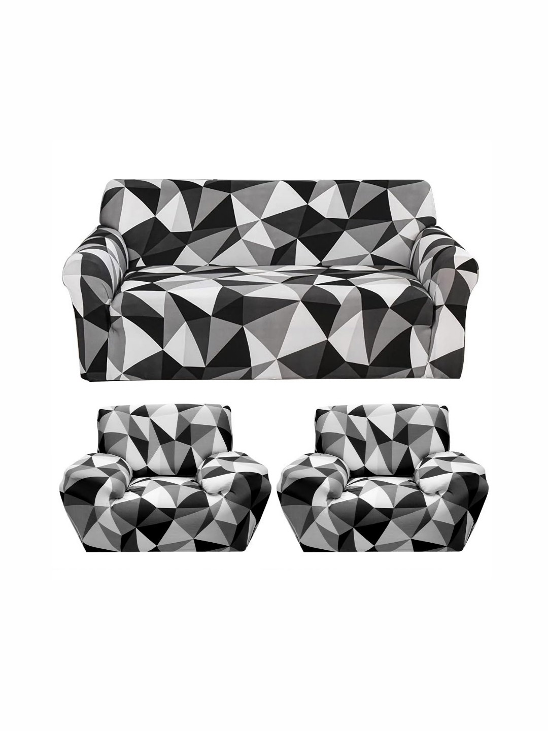 

B BESTILO Black & Grey 5 Pieces Geometric Printed Five Seater Sofa Cover With Arms