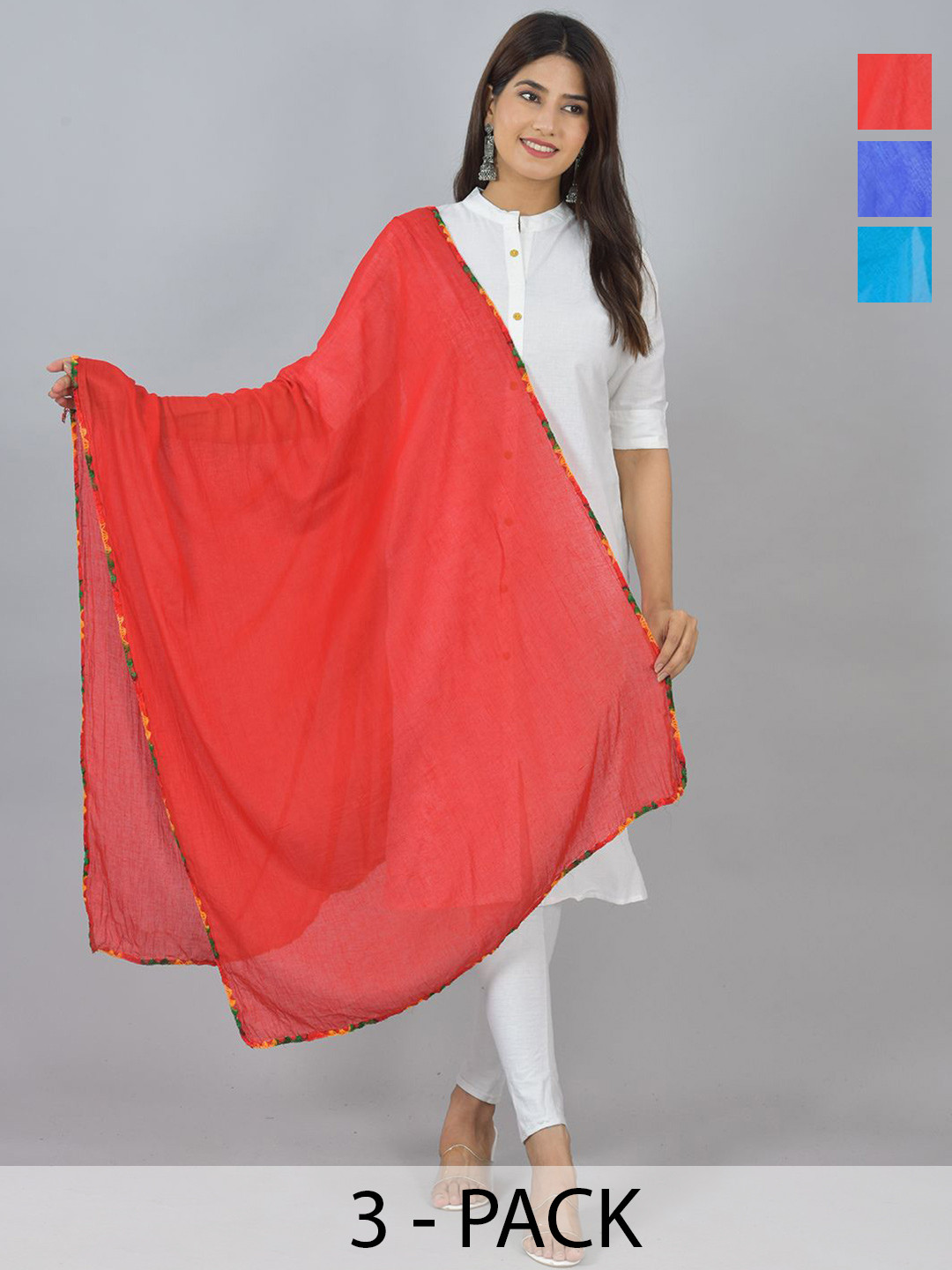

LA FEMINAE Pack Of 3 Pure Cotton Dupatta, Blue