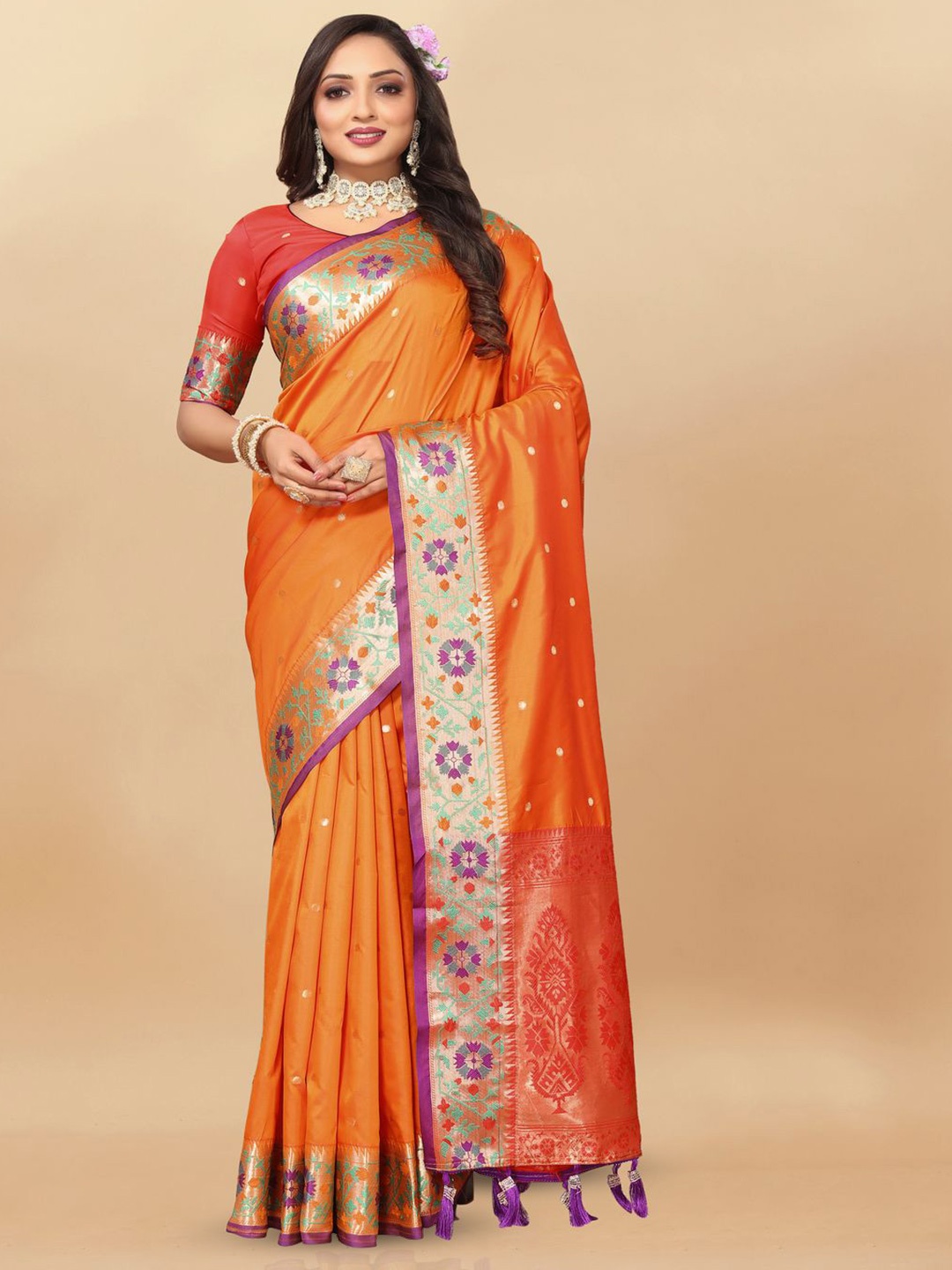 

MOKSHA DESIGNS Ethnic Motifs Zari Pure Silk Paithani Saree, Orange