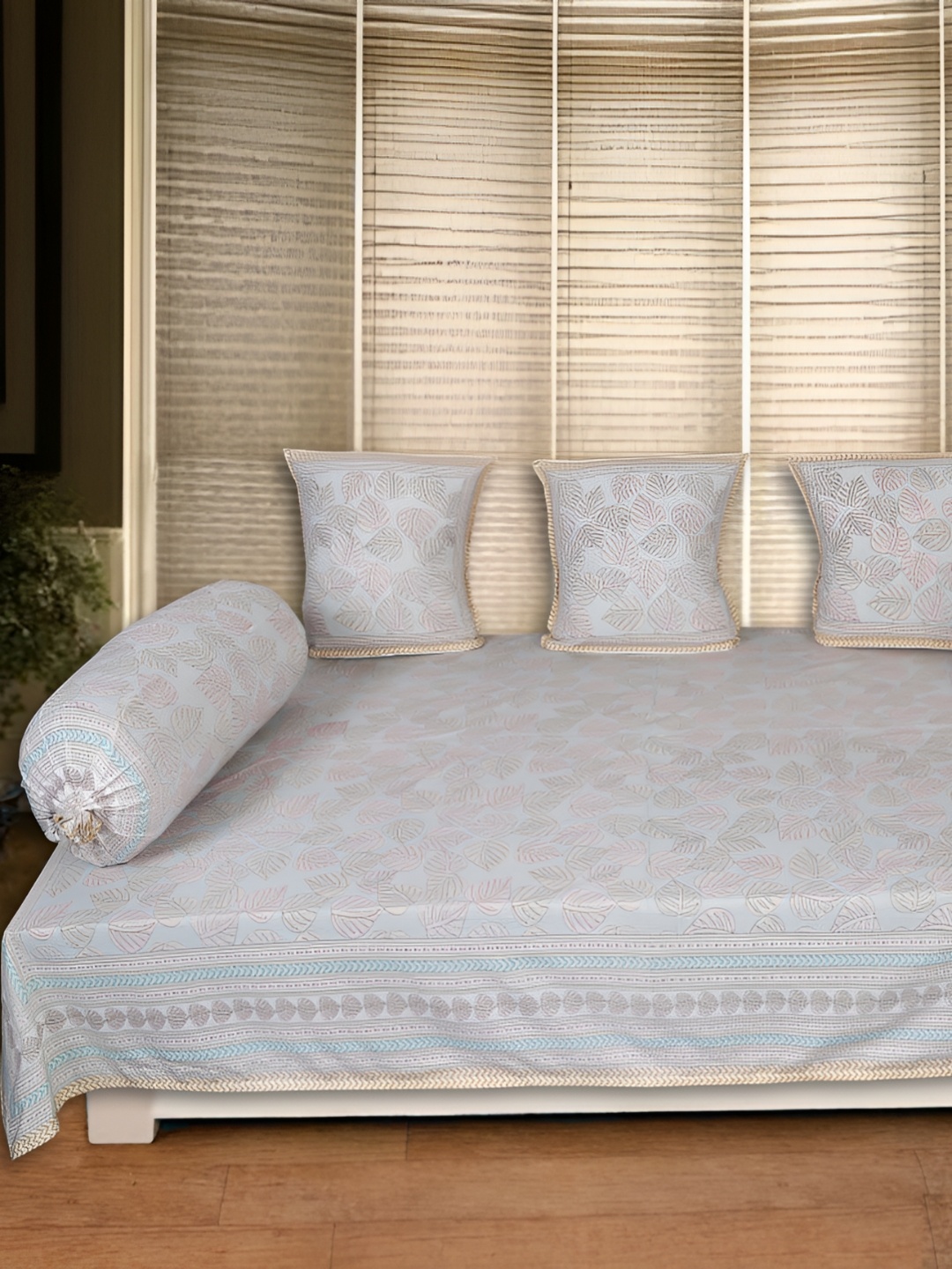 

Texstylers White & Pink 6 Pieces Printed Cotton Diwan Set