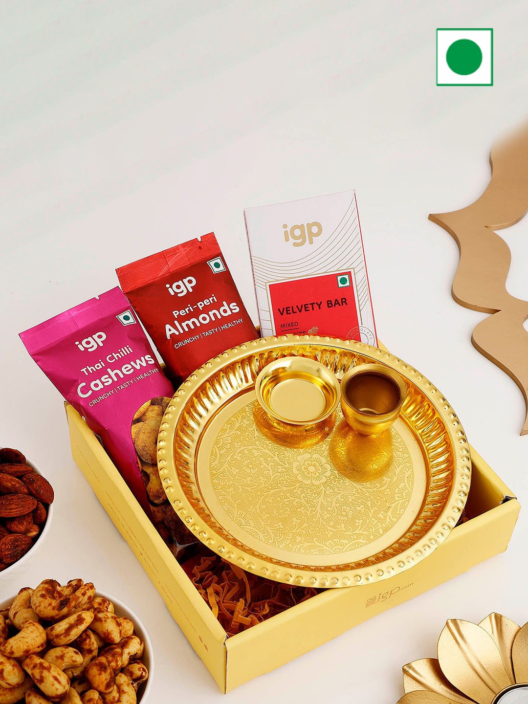 

IGP Set Of 4 Flavored Dry Fruits Chocolate Bar & Pooja Thali With Roli Chawal Gift Set, Yellow