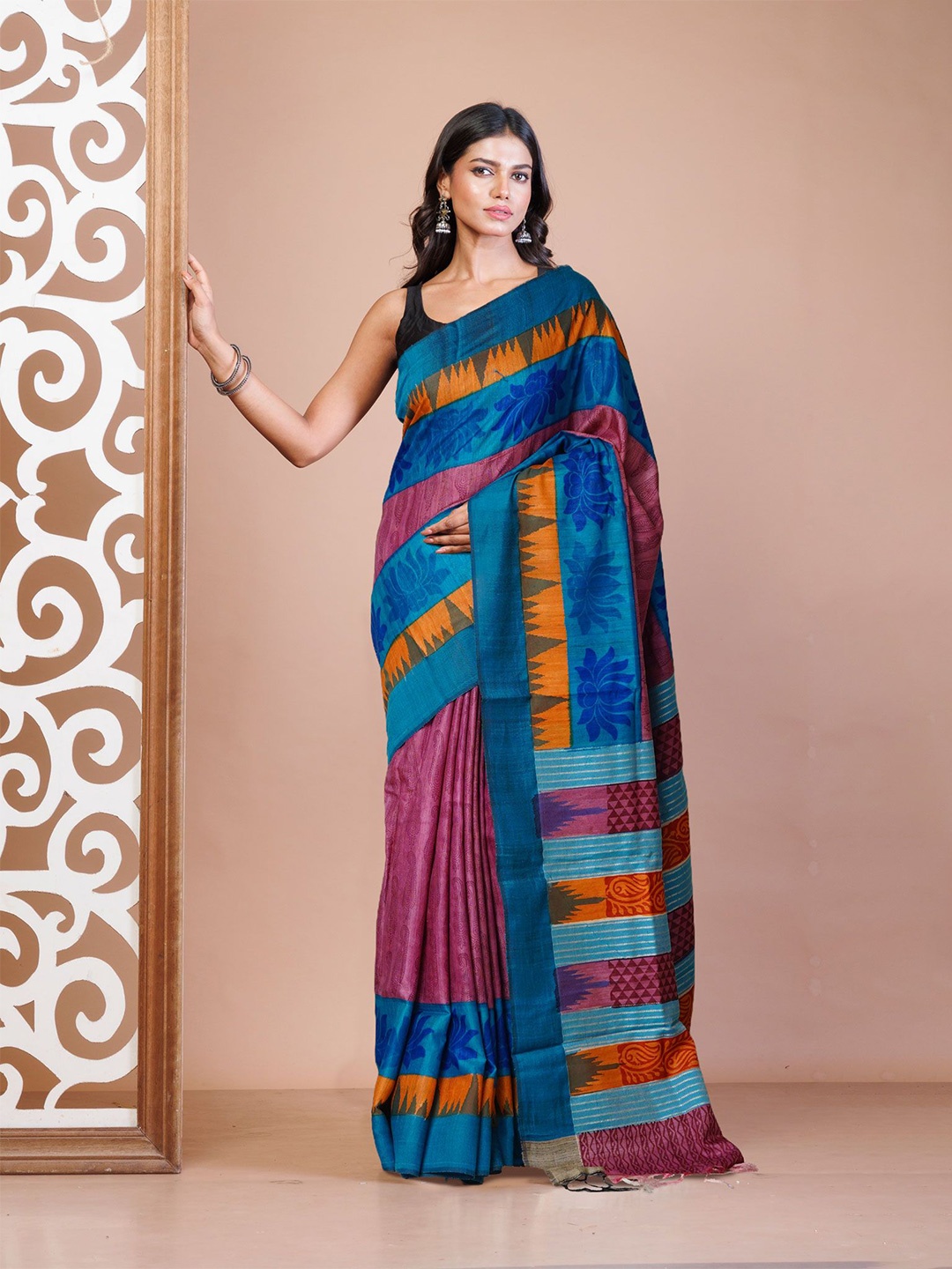 

Unnati Silks Ethnic Motifs Pure Silk Handloom Tussar Saree, Blue