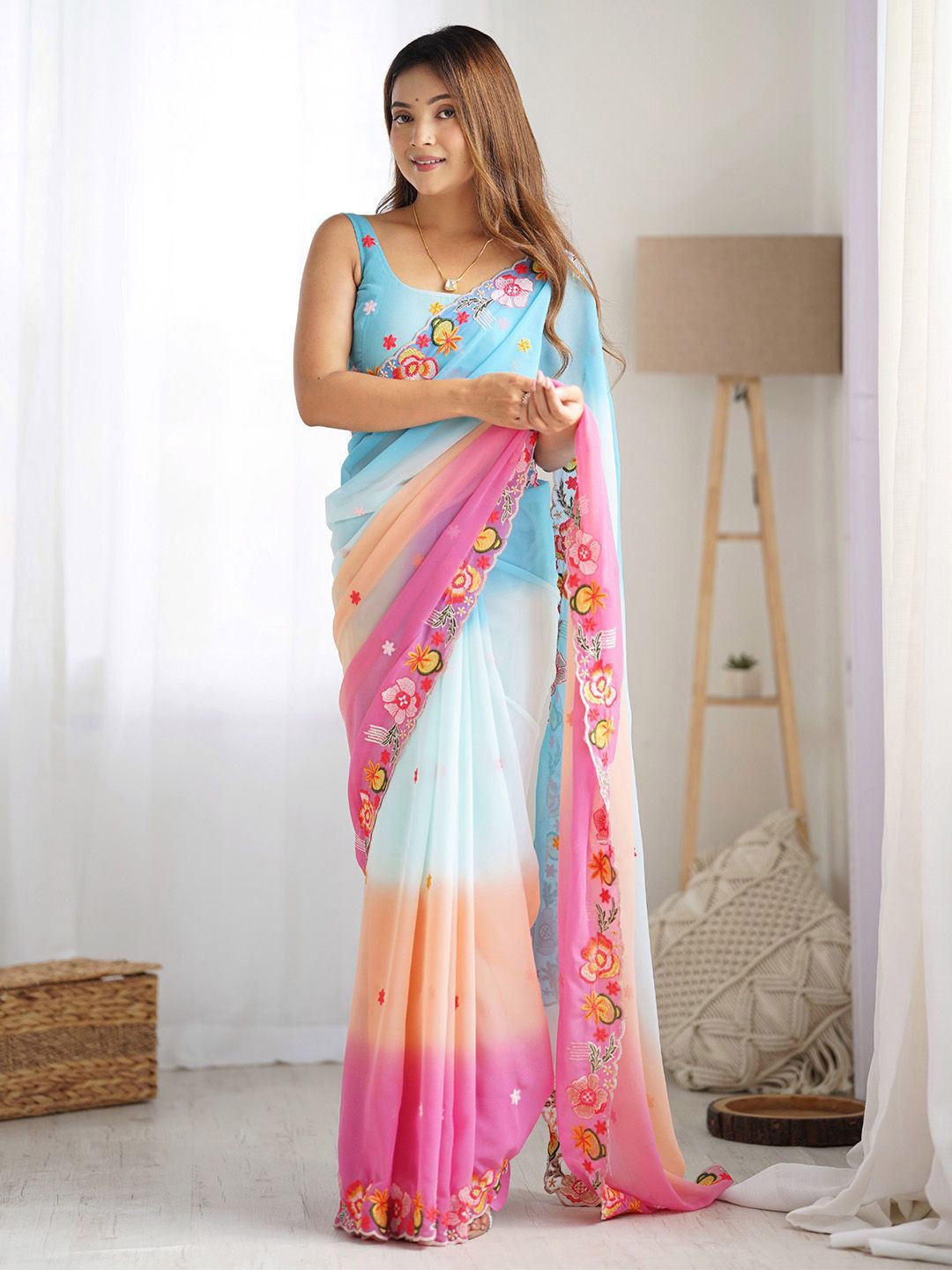 

Anouk Floral Embroidered Poly Georgette Saree, Blue