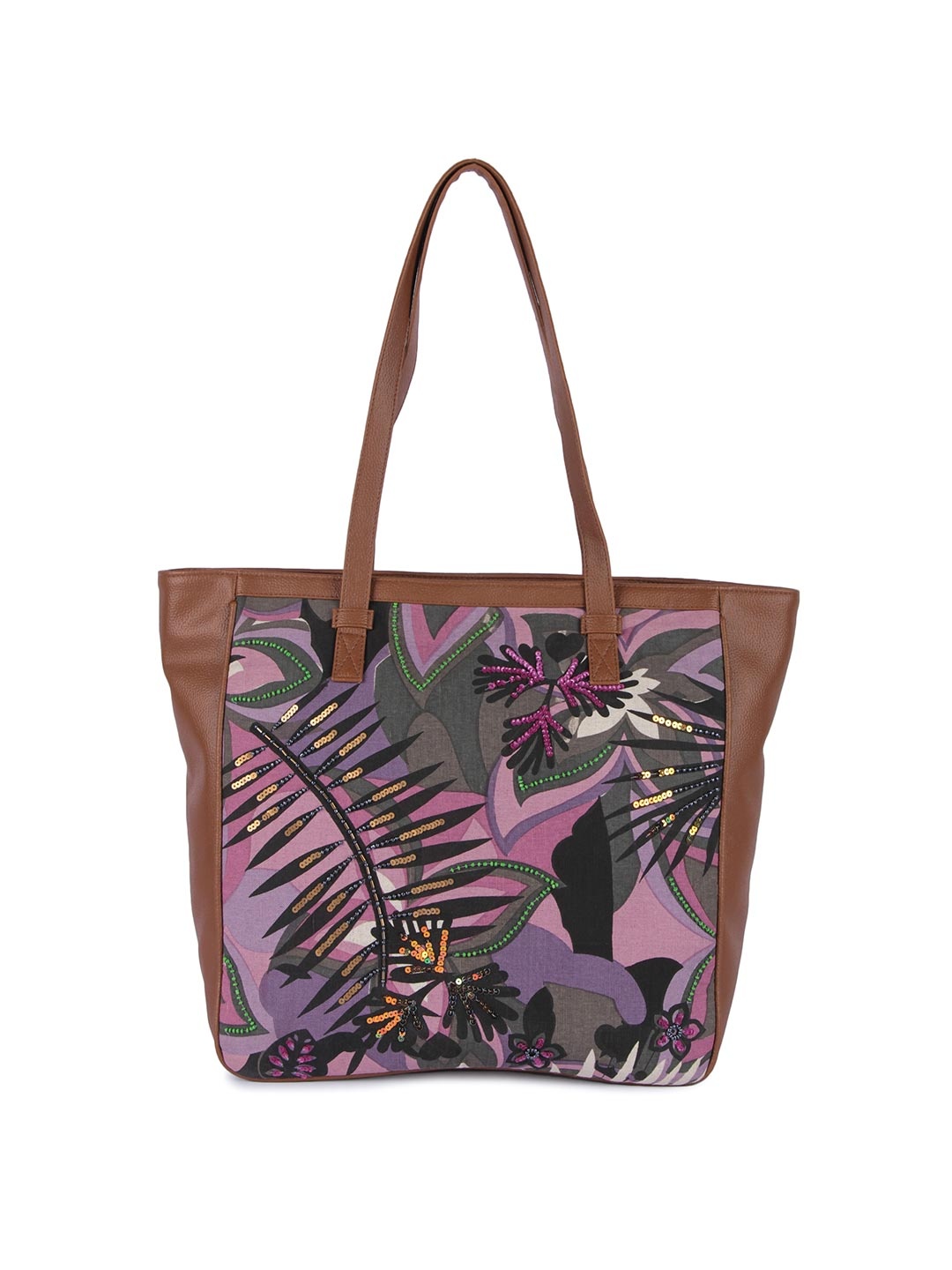 

Sangria Printed Embellished Tote Handbag, Black
