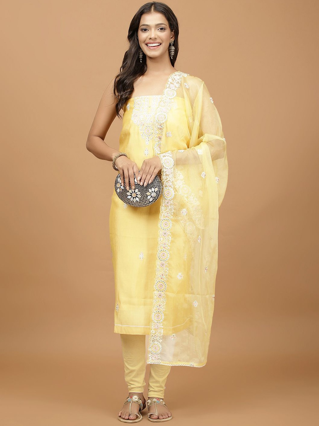 

Meena Bazaar Floral Embroidered Zari Unstitched Dress Material, Yellow