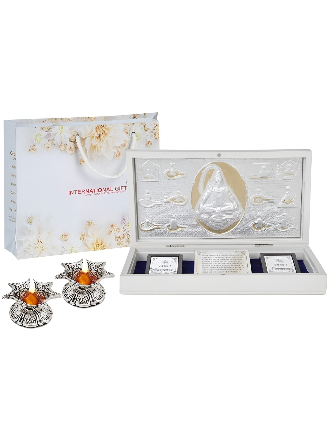 

INTERNATIONAL GIFT Silver-Toned Religious Lord Shiv Charan Paduka Showpiece with 2 Diya