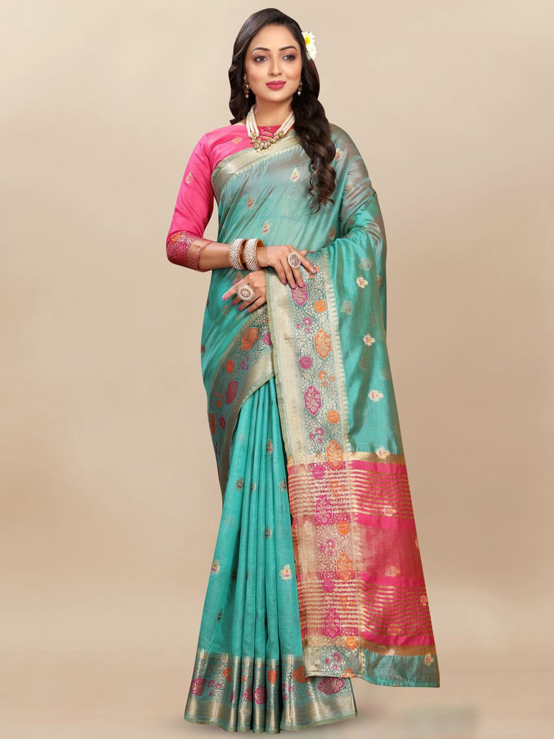 

MOKSHA DESIGNS Ethnic Motifs Zari Pure Silk Banarasi Saree, Green