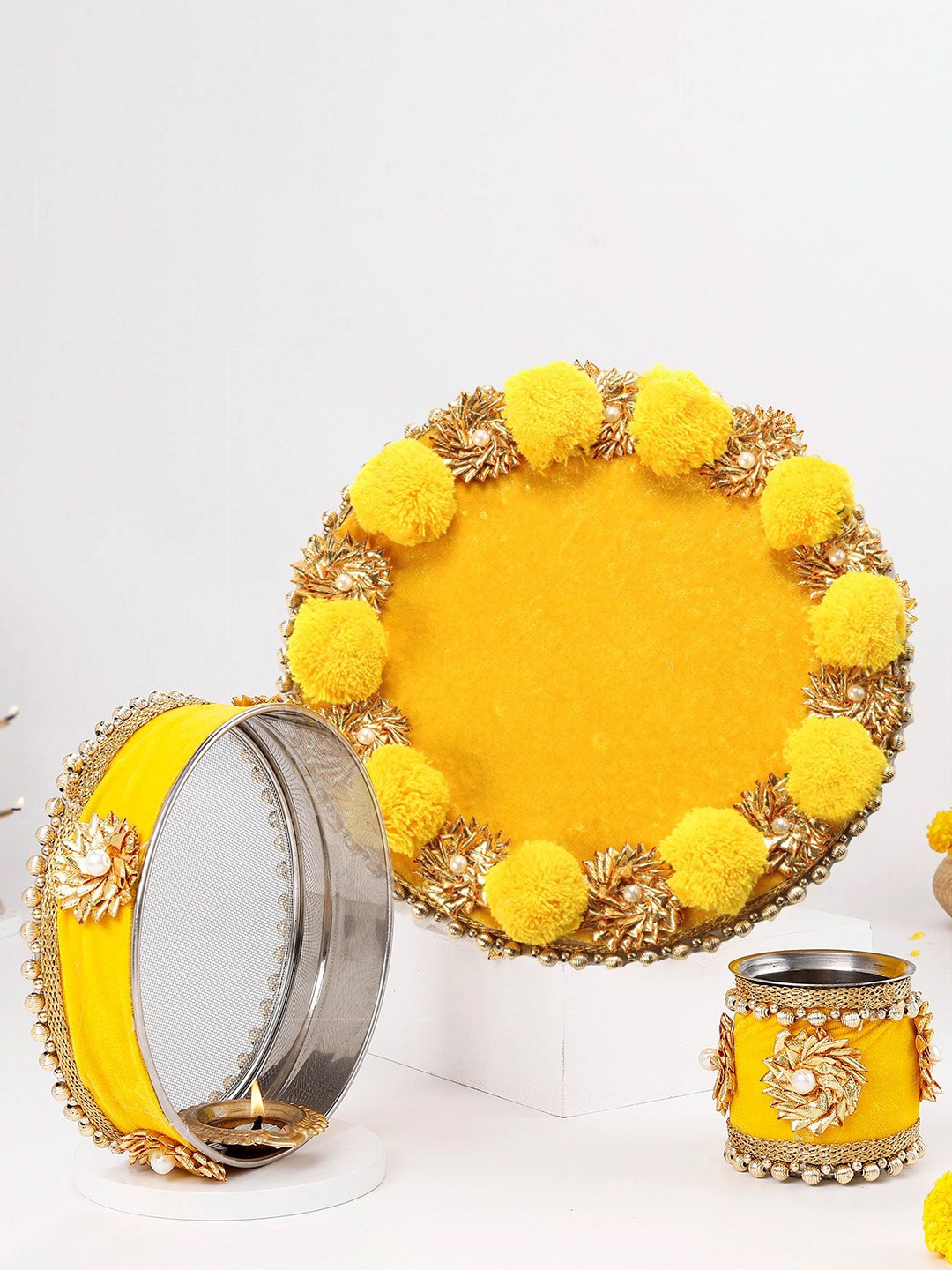 

IGP Pompom & Gota Work Puja Thali Set For Karwa Chauth, Yellow