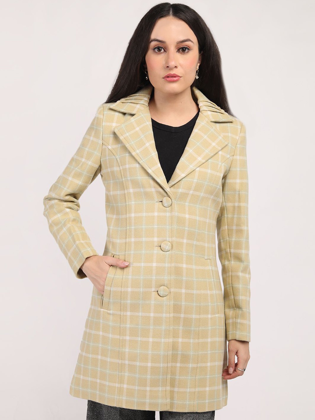 

HONNETE Checked Single-Breasted Hip-Length Winter Overcoat, Beige