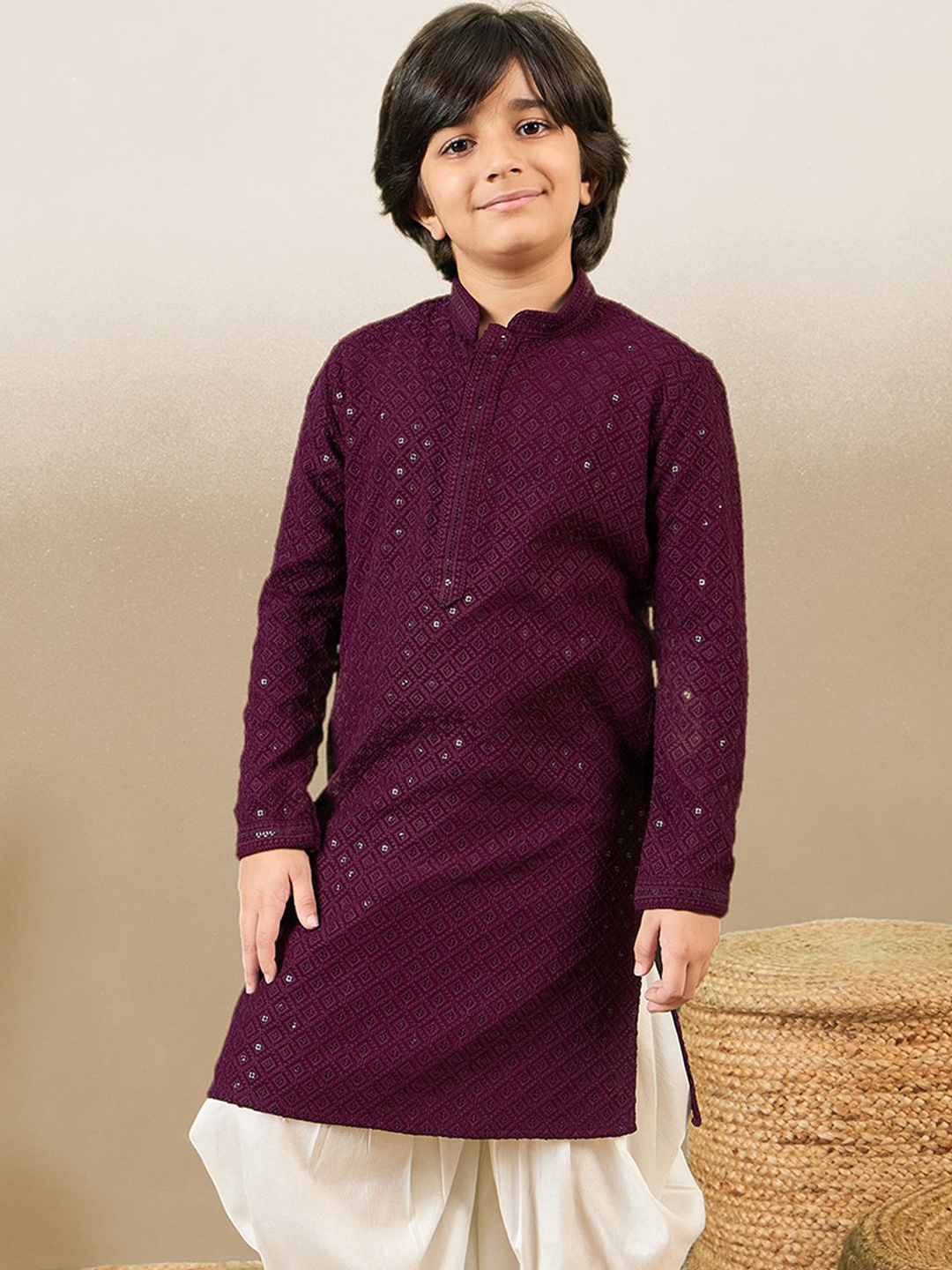 

Here&Now X Sanwara Boys Embroidered Sequinned Cotton Sraight Kurta, Purple