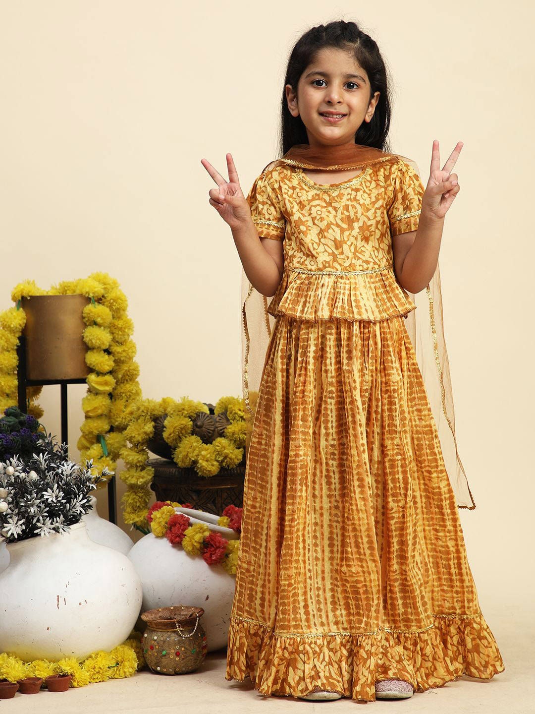 

Cutiekins Girls Printed Ready to Wear Lehenga & Blouse With Dupatta, Mustard