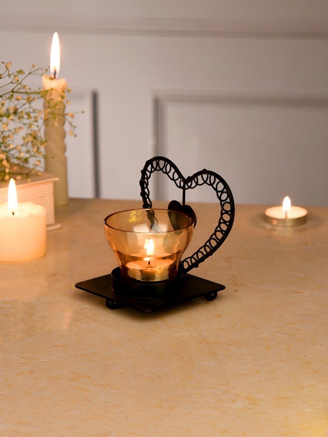 

TAYHAA Black & Gold Toned Heart Textured Metal Glass Candle Holder