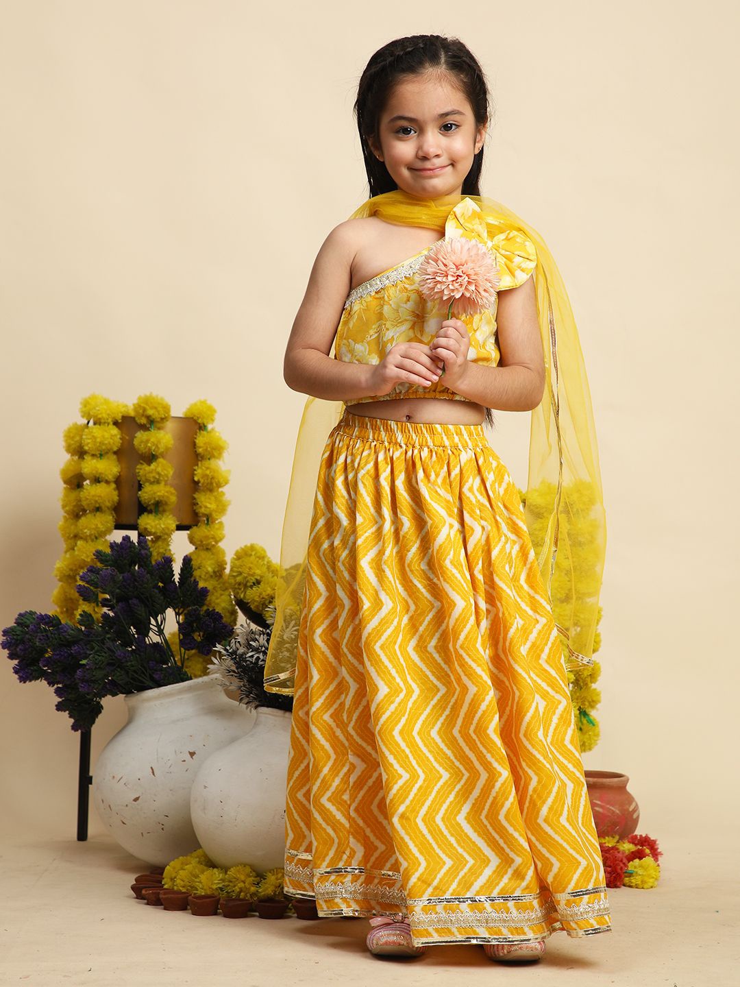 

Cutiekins Girls Embellished Ready to Wear Lehenga & Blouse With Dupatta, Mustard