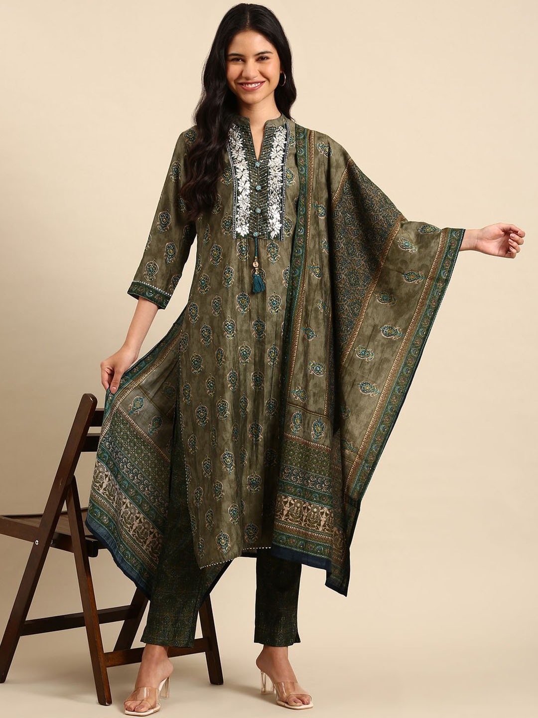 

SHOWOFF Ethnic Motifs Embroidered Mirror Work Straight Kurta with Trousers & With Dupatta, Olive