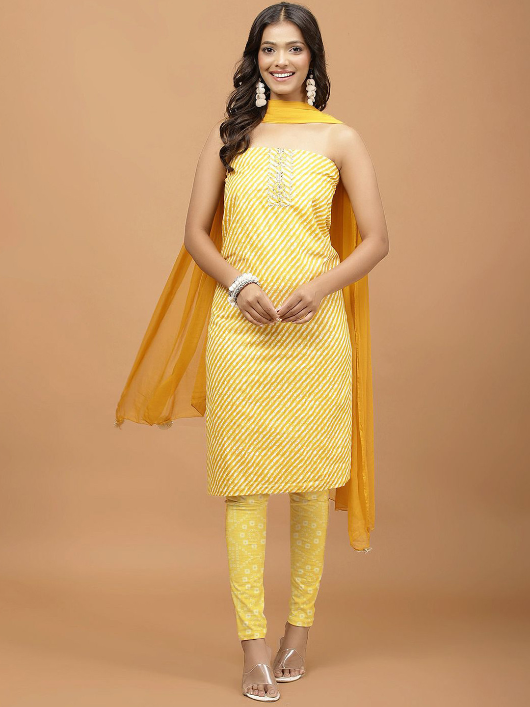

Meena Bazaar Leheriya Printed Gotta Patti Unstitched Dress Material, Mustard