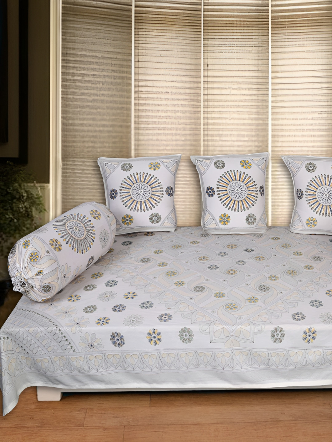 

Texstylers White & Blue 6 Pieces Printed Cotton Diwan Set