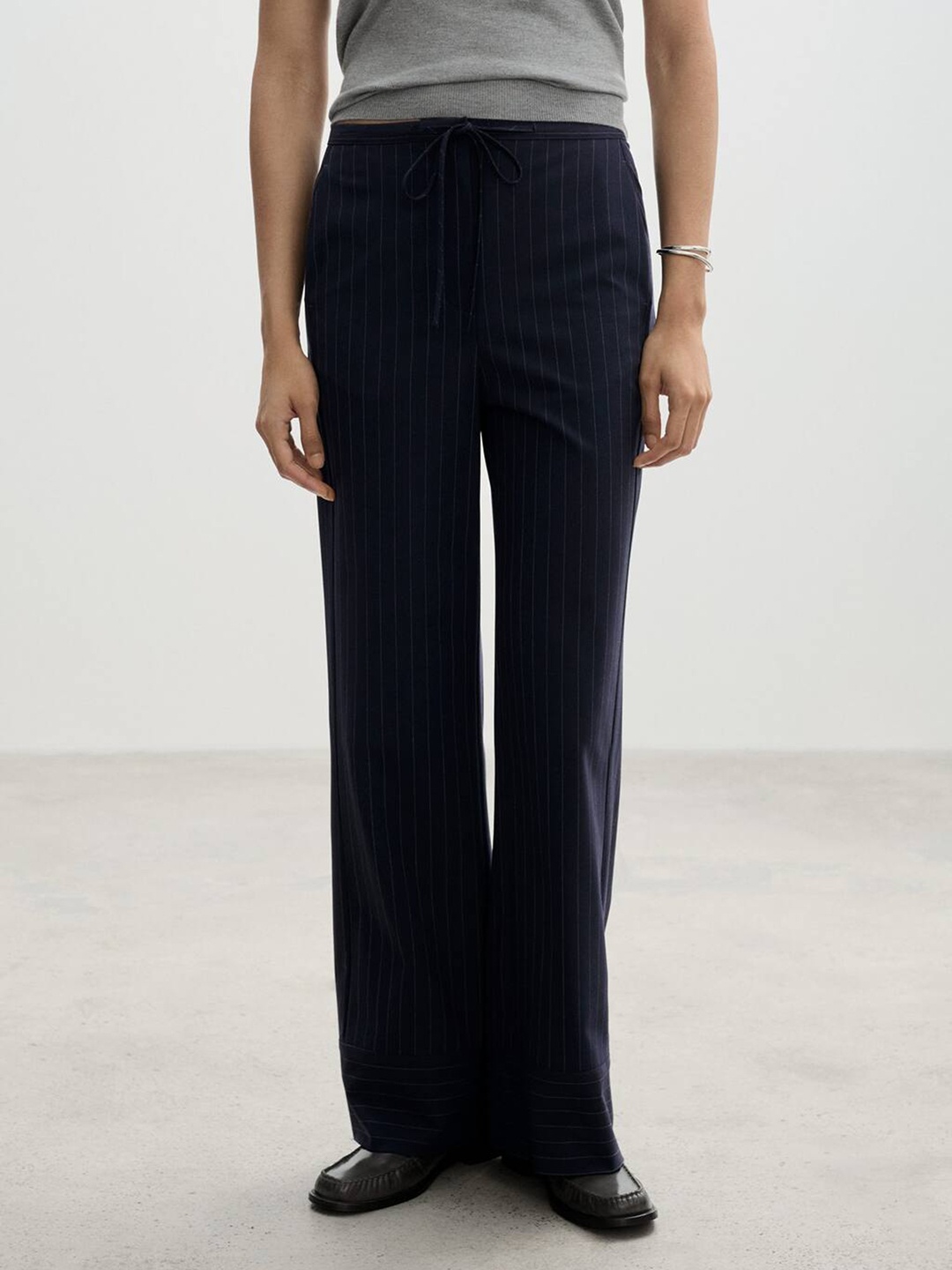 

MANGO Women Pinstriped Straight Fit Trousers, Navy blue