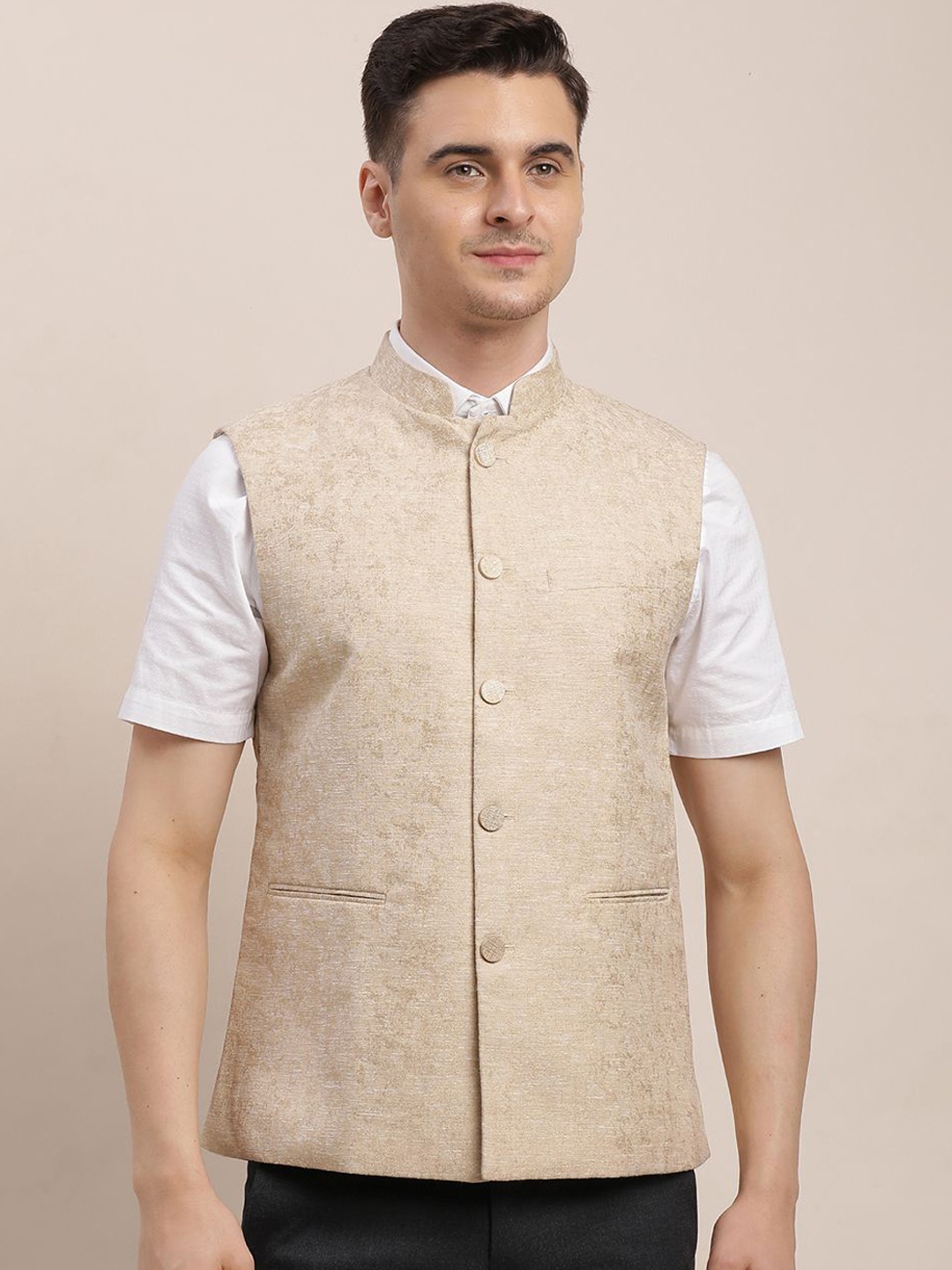 

Turtle Men Woven Design Nehru Jacket, Beige