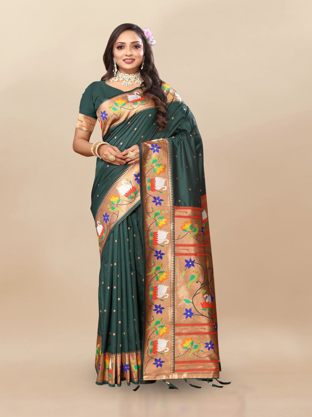 

MOKSHA DESIGNS Ethnic Motifs Woven Design Zari Pure Silk Paithani Saree, Green