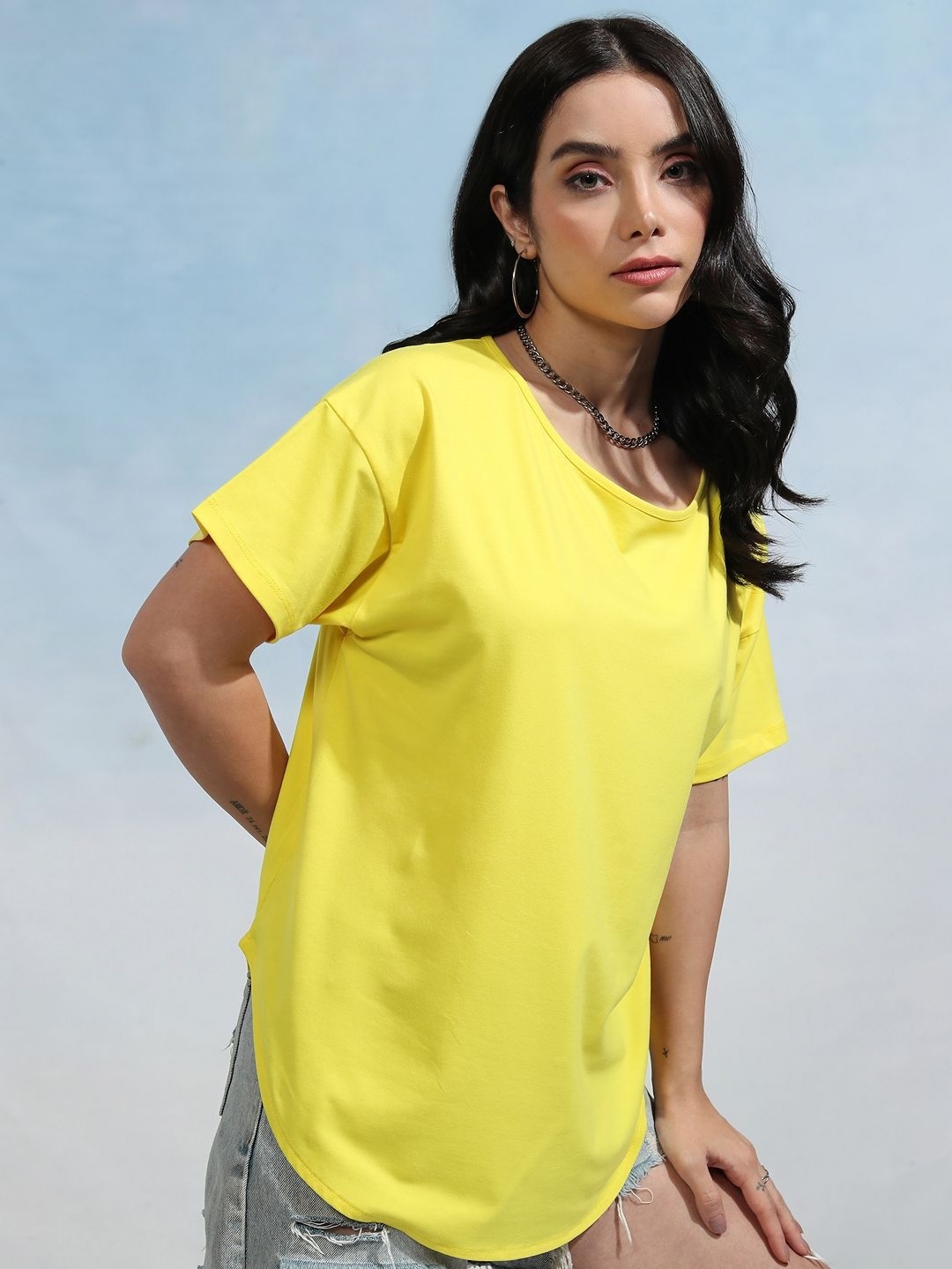 

Tokyo Talkies Women Solid Boat Neck Cotton T-shirt, Yellow