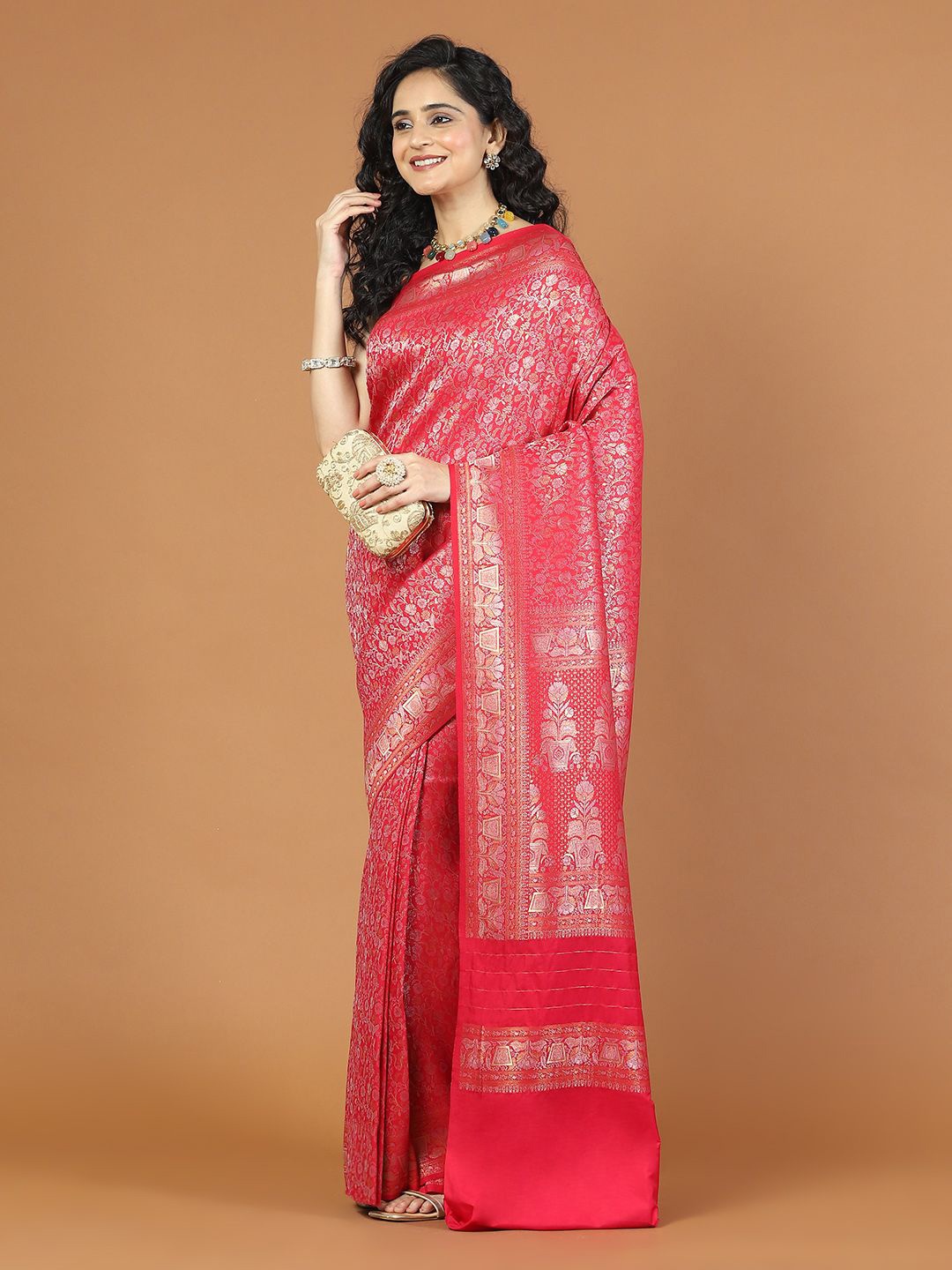 

Meena Bazaar Woven Design Zari Art Silk Saree, Pink