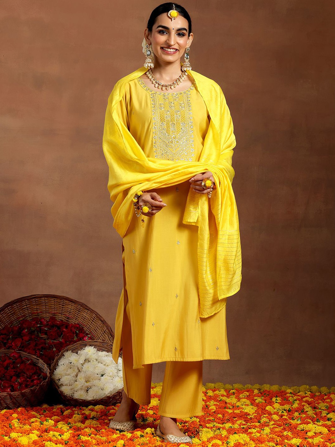 

Libas Ethnic Motifs Embroidered Sequinned Straight Kurta With Trouser & Dupatta, Yellow