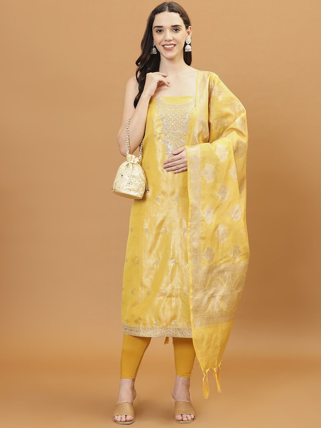 

Meena Bazaar Floral Embroidered Sequinned Unstitched Dress Material, Mustard