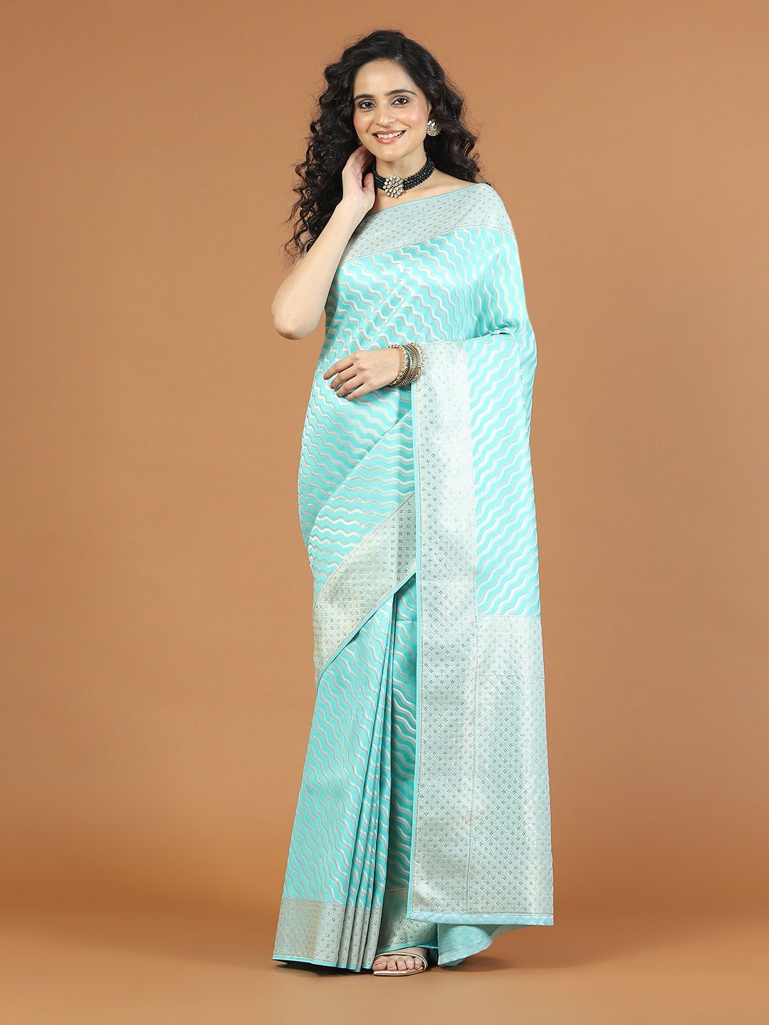 

Meena Bazaar Striped Zari Art Silk Banarasi Saree, Sea green