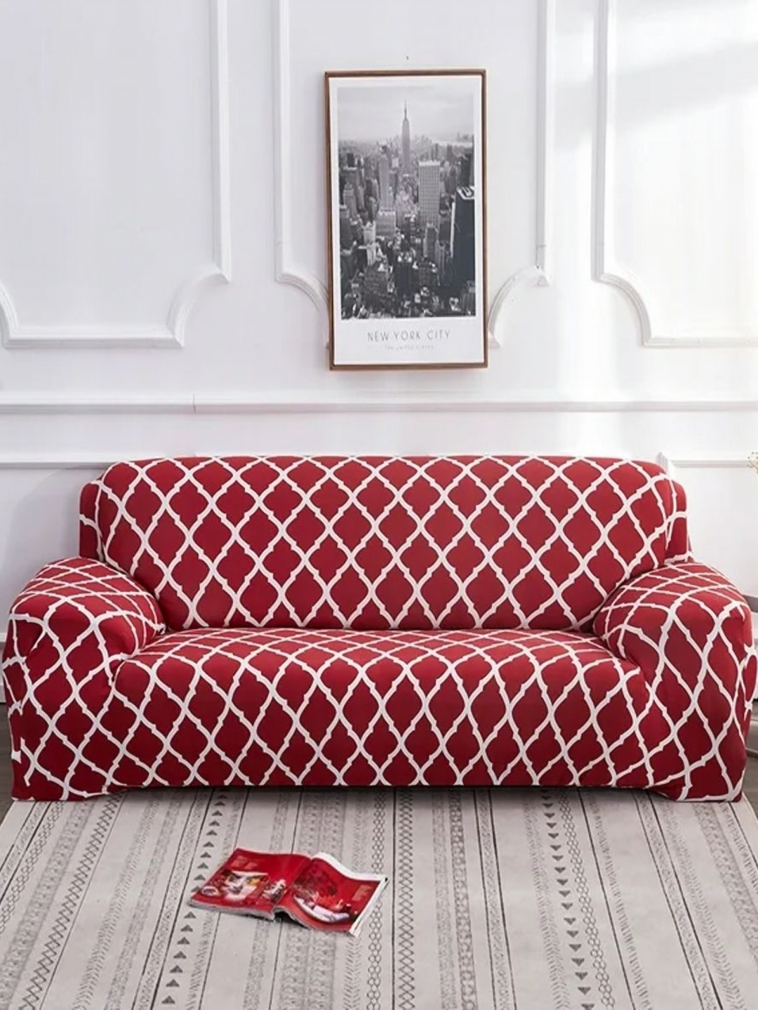 

B BESTILO Burgundy & White Geometric Printed Triple Seater Sofa Cover With Arms