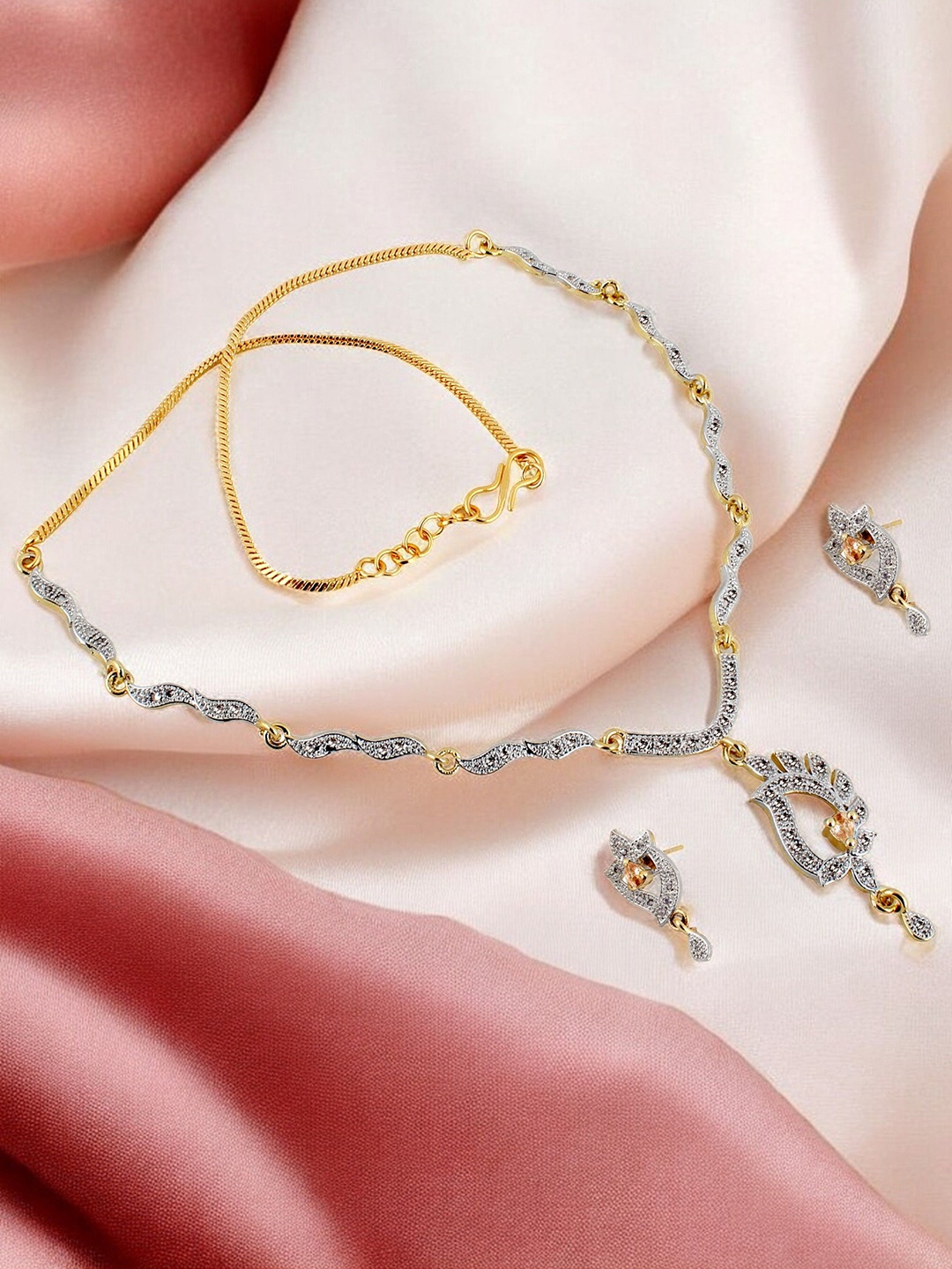 

LUCKY JEWELLERY Gold-Plated American Diamond Stone-Studded Jewellery Set