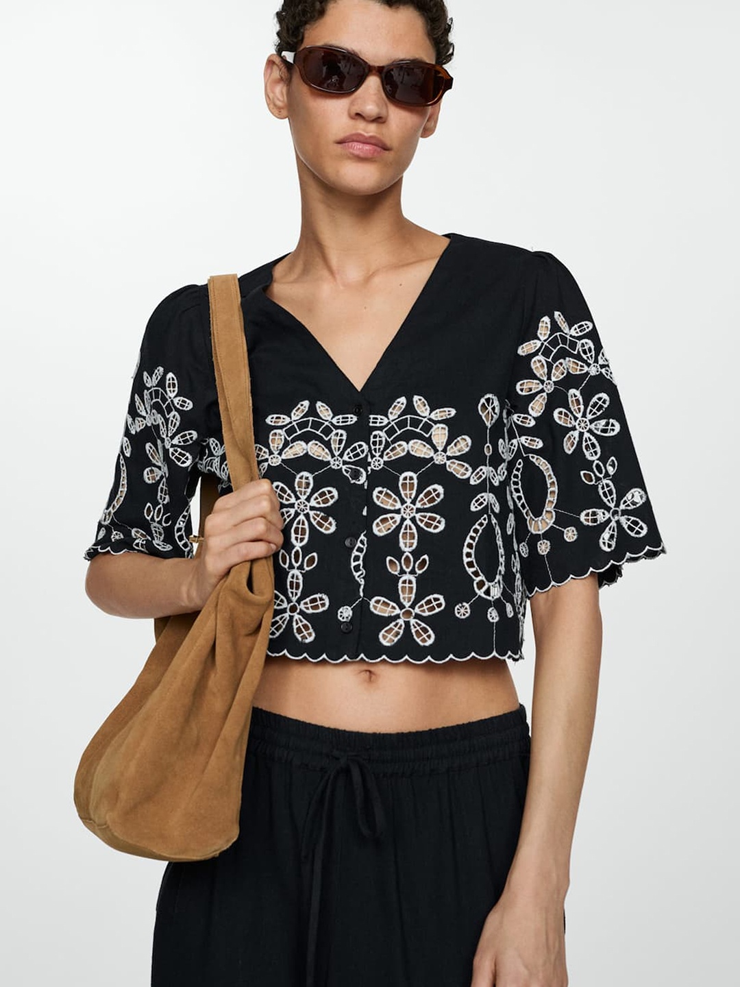 

MANGO Floral Embroidered Crop Top, Black