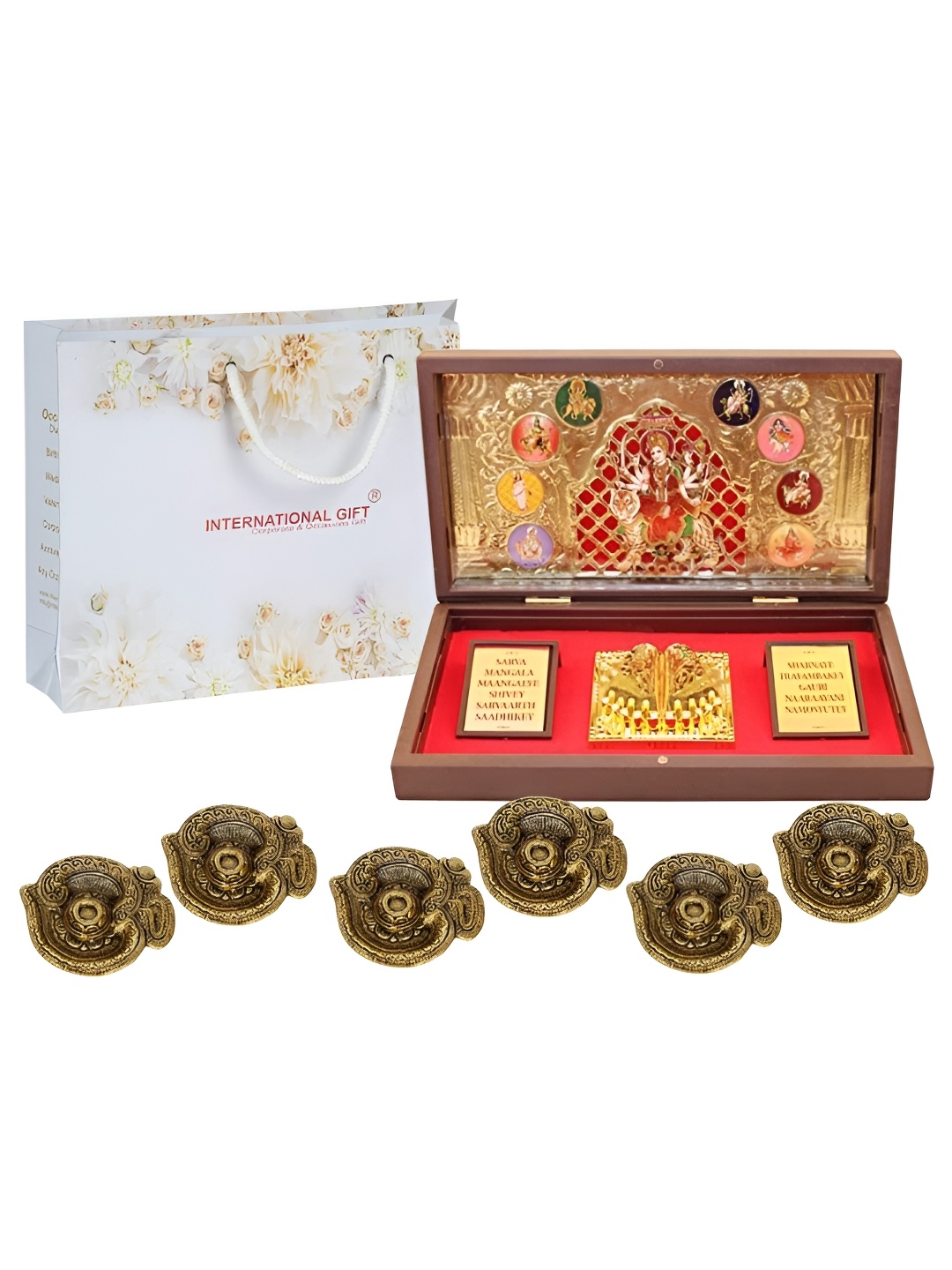 

INTERNATIONAL GIFT Gold-Toned Durga Mata Charan Paduka Box with 6 Diya