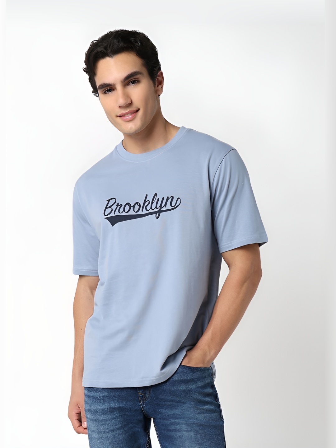 

R&B Men Typography Printed Round Neck Cotton T-shirt, Blue