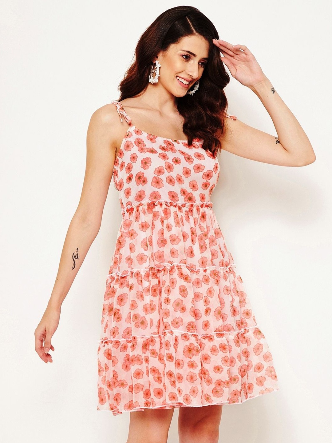 

Louis Bayrad Floral Striped Georgette Fit & Flare Dress, Red