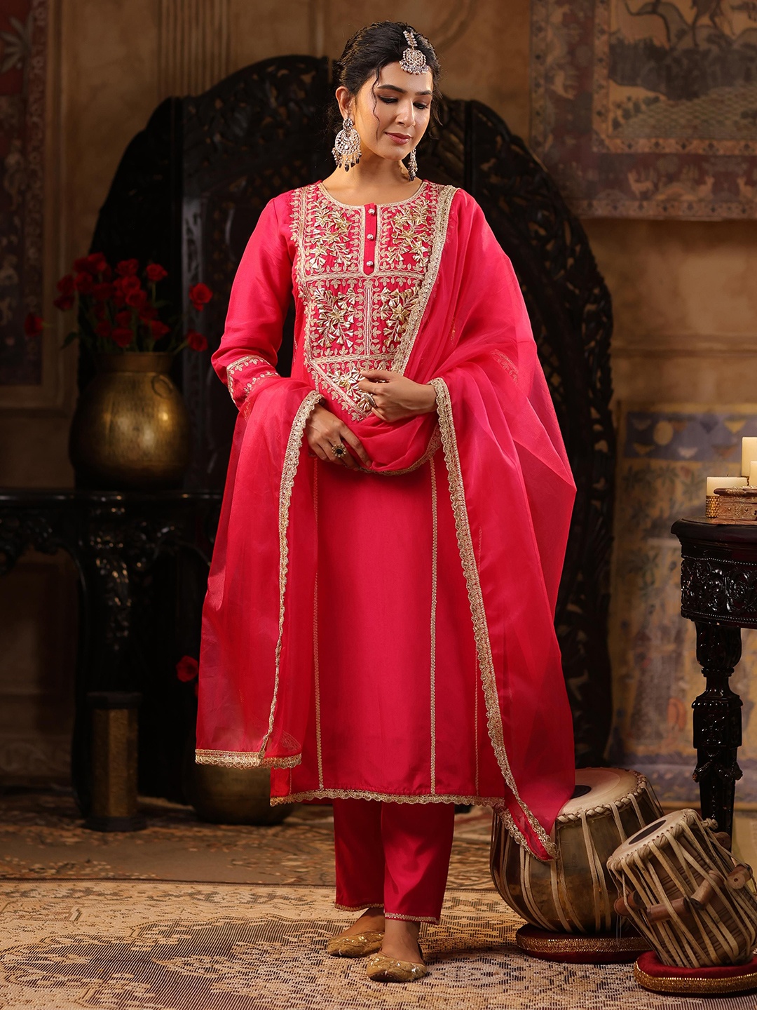 

SCAKHI Ethnic Motifs Yoke Design Gotta Patti Dupion Silk Kurta with Trousers & Dupatta, Fuchsia